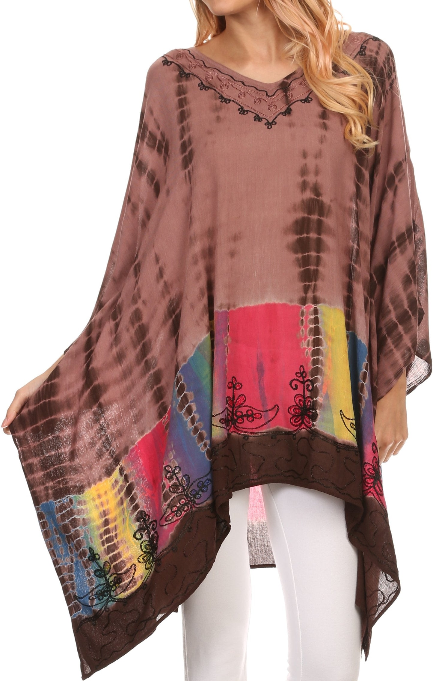 Sakkas Eliana Wide Long Tall Embroidered Tie Dye Ombre Batik Poncho Top Blouse - Concordia Style Boutique