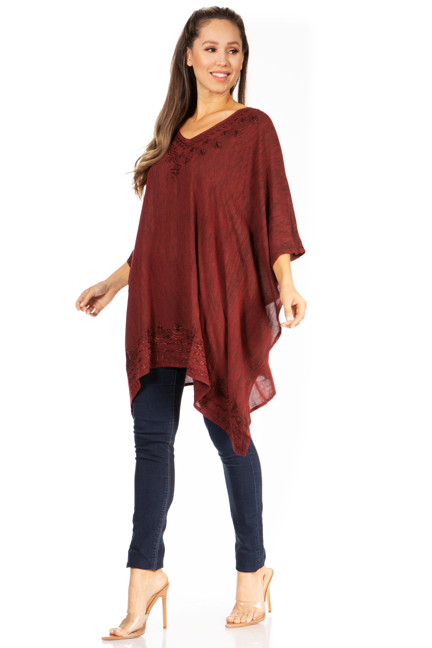 Sakkas Wren Lightweight Circle Poncho Top Blouse With Detailed Embroidery - Concordia Style Boutique