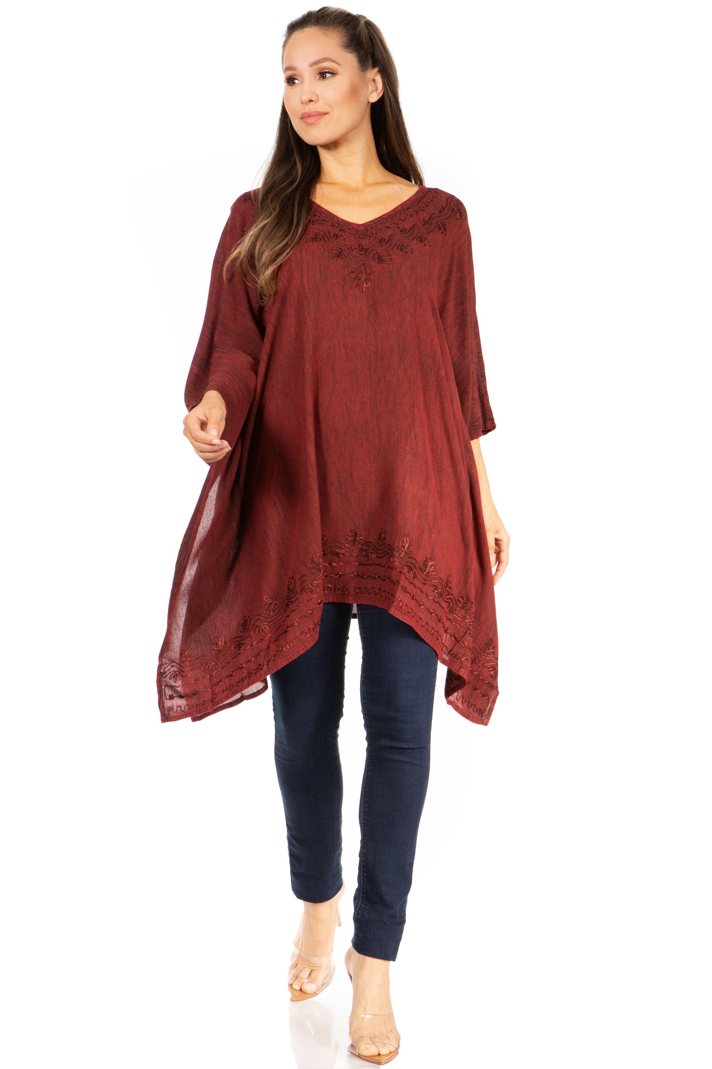 Sakkas Wren Lightweight Circle Poncho Top Blouse With Detailed Embroidery - Concordia Style Boutique