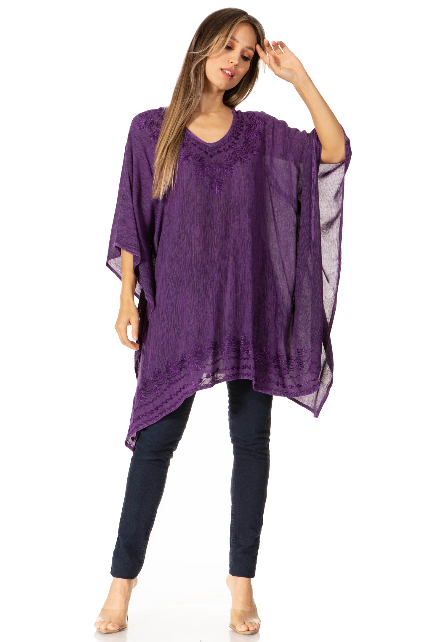 Sakkas Wren Lightweight Circle Poncho Top Blouse With Detailed Embroidery - Concordia Style Boutique