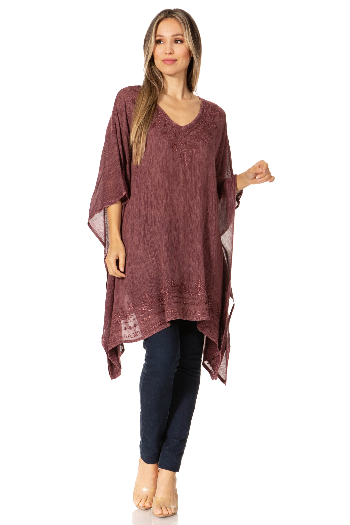 Sakkas Wren Lightweight Circle Poncho Top Blouse With Detailed Embroidery - Concordia Style Boutique