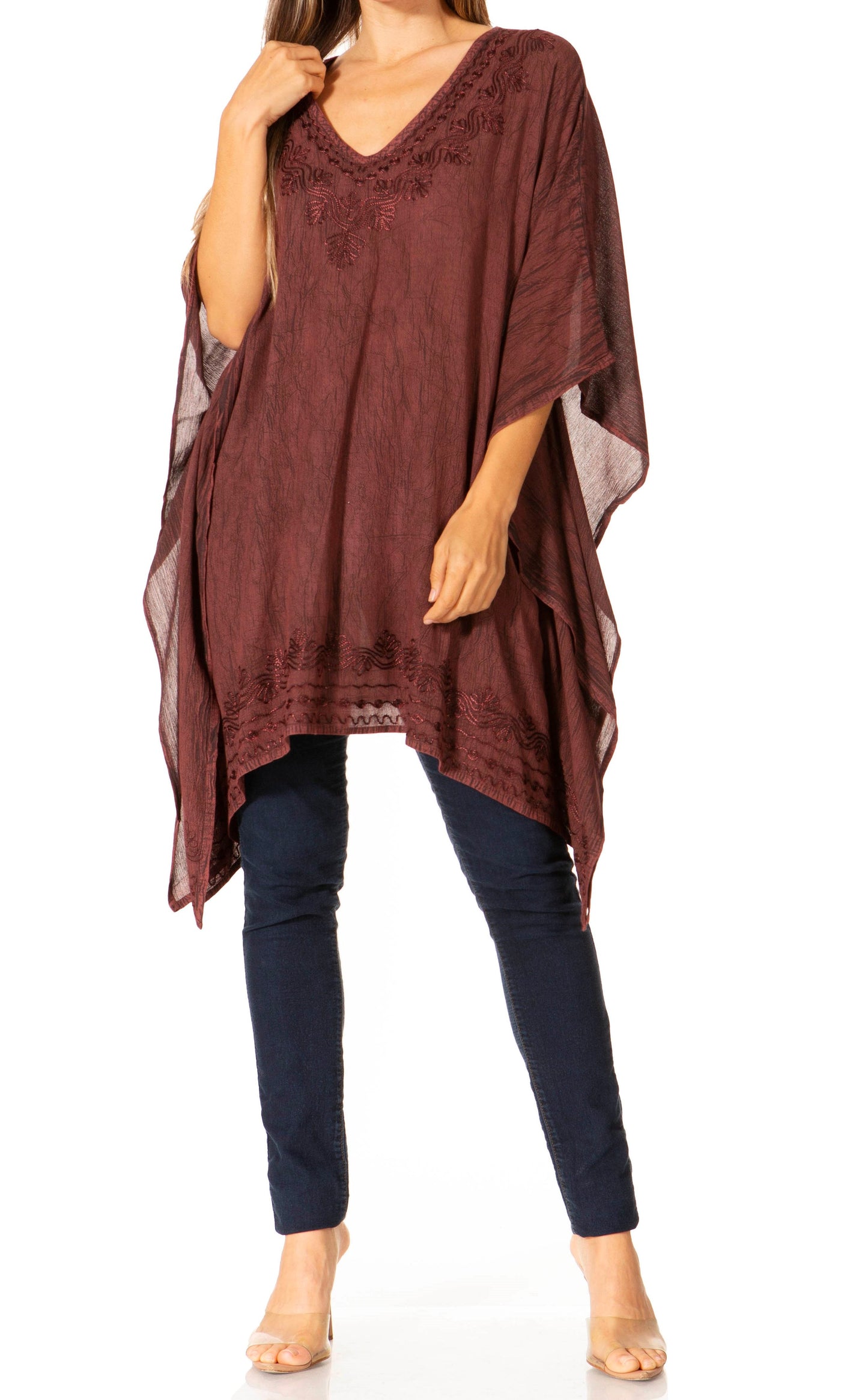 Sakkas Wren Lightweight Circle Poncho Top Blouse With Detailed Embroidery - Concordia Style Boutique