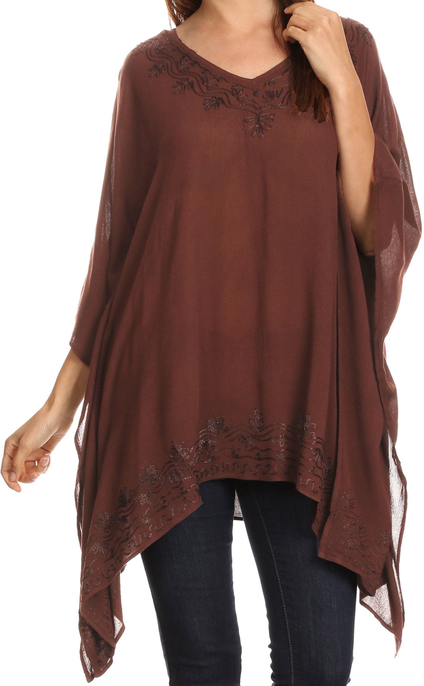 Sakkas Wren Lightweight Circle Poncho Top Blouse With Detailed Embroidery - Concordia Style Boutique