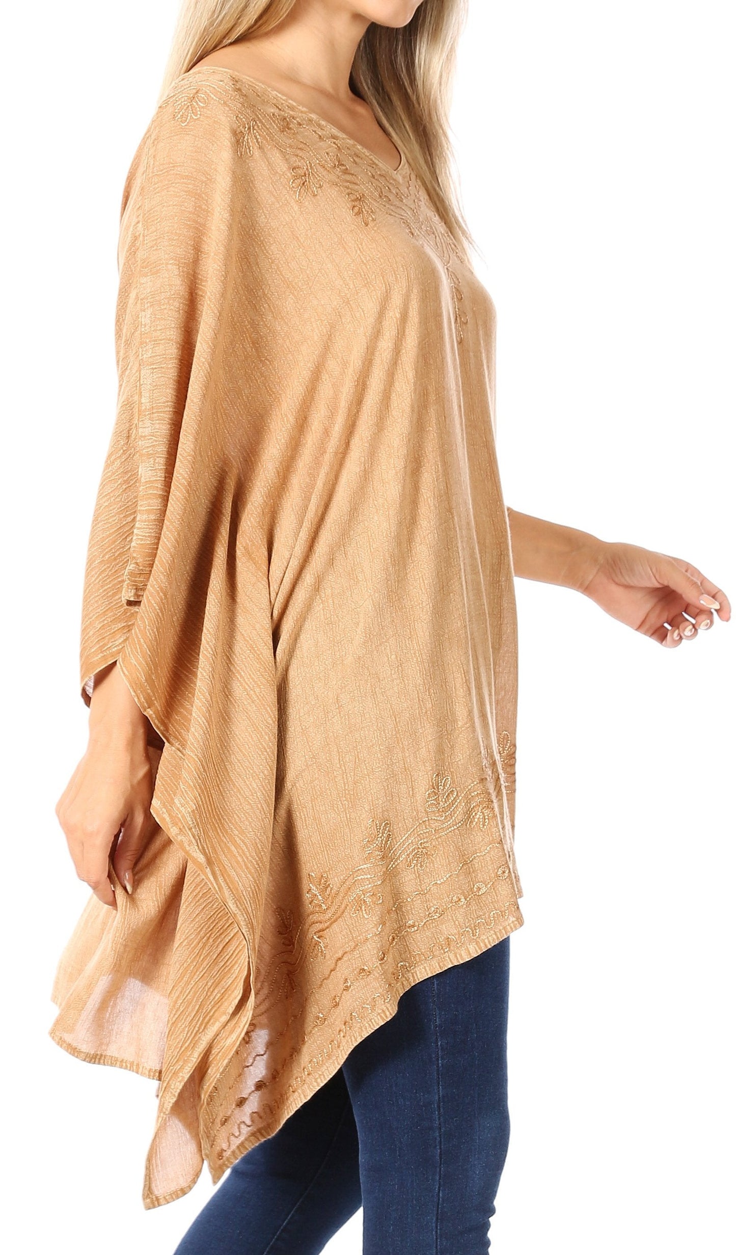Sakkas Wren Lightweight Circle Poncho Top Blouse With Detailed Embroidery - Concordia Style Boutique