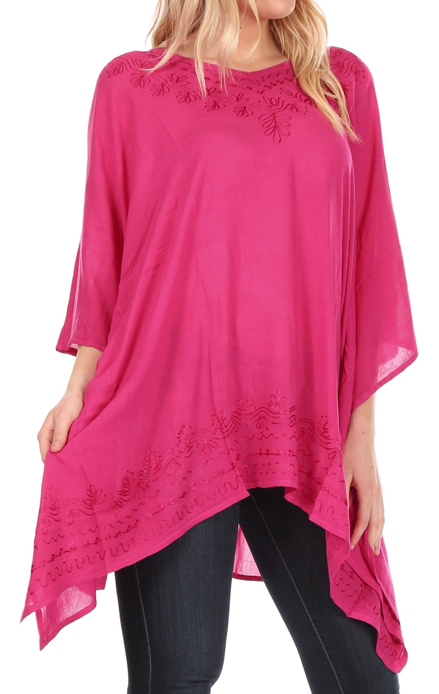 Sakkas Wren Lightweight Circle Poncho Top Blouse With Detailed Embroidery - Concordia Style Boutique