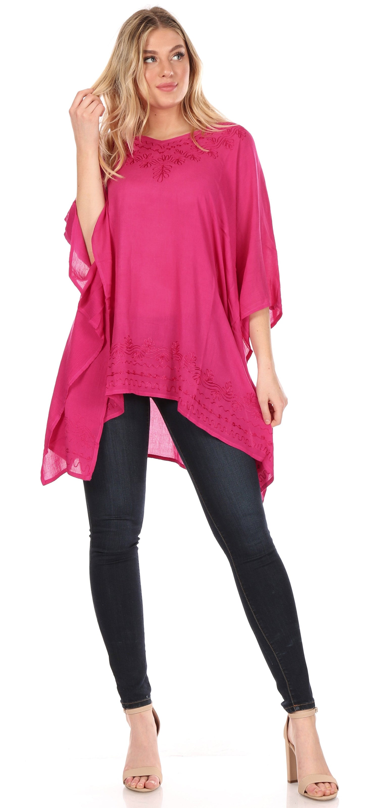 Sakkas Wren Lightweight Circle Poncho Top Blouse With Detailed Embroidery - Concordia Style Boutique