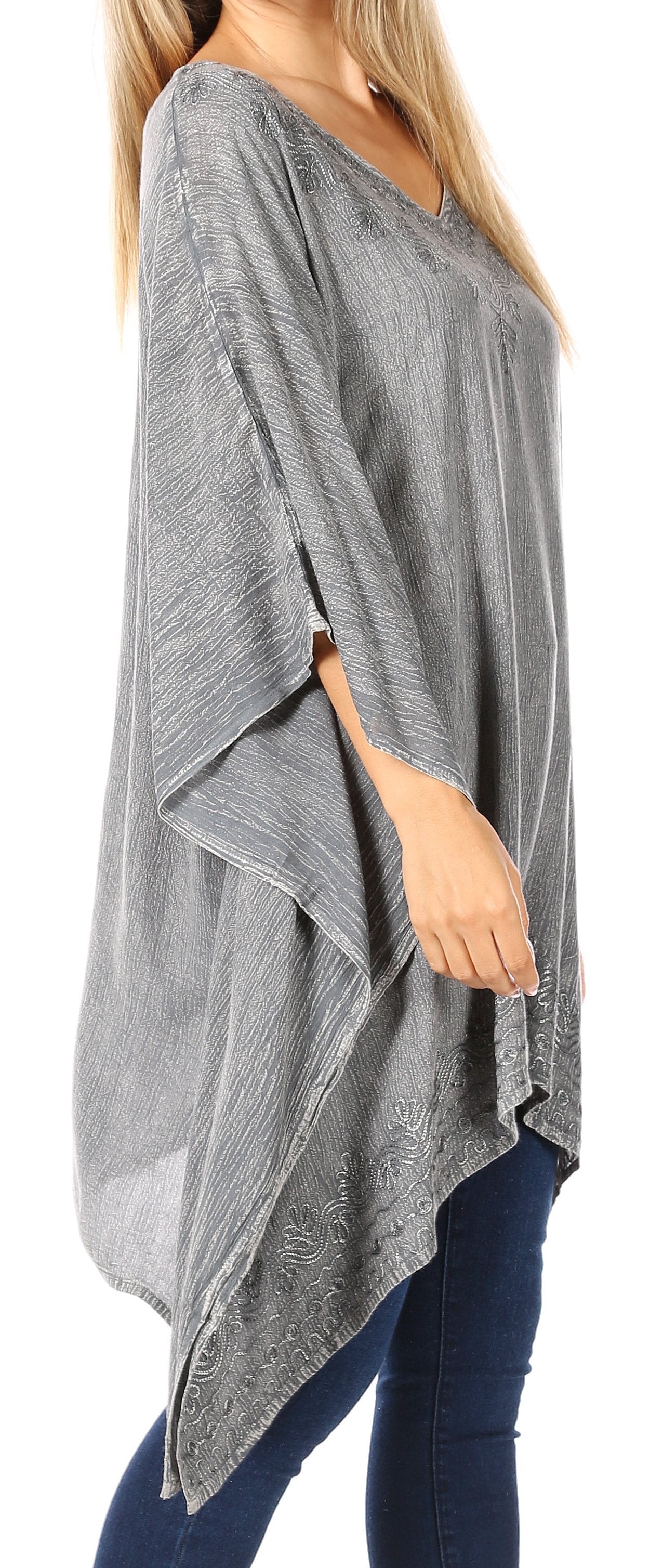 Sakkas Wren Lightweight Circle Poncho Top Blouse With Detailed Embroidery - Concordia Style Boutique