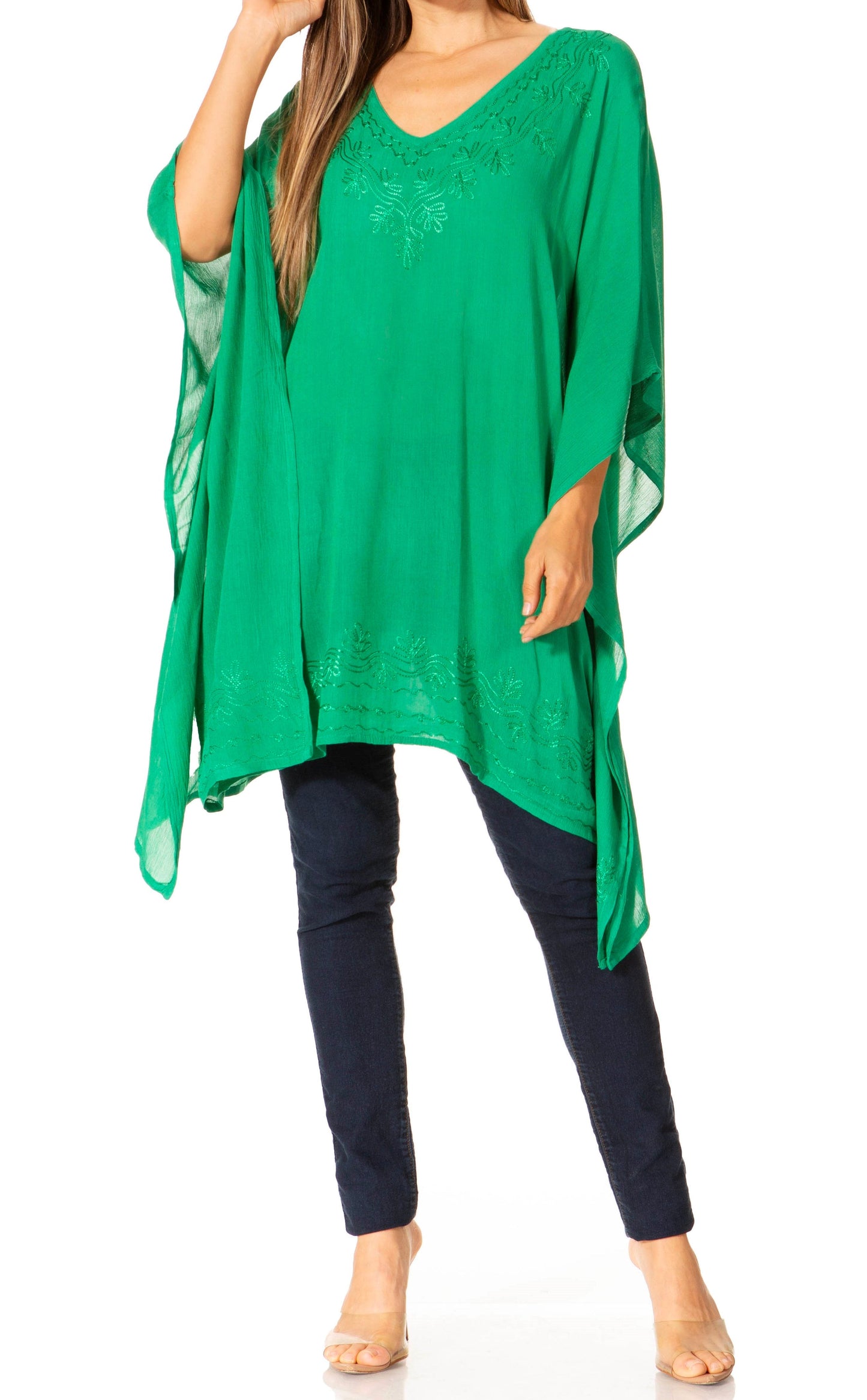 Sakkas Wren Lightweight Circle Poncho Top Blouse With Detailed Embroidery - Concordia Style Boutique