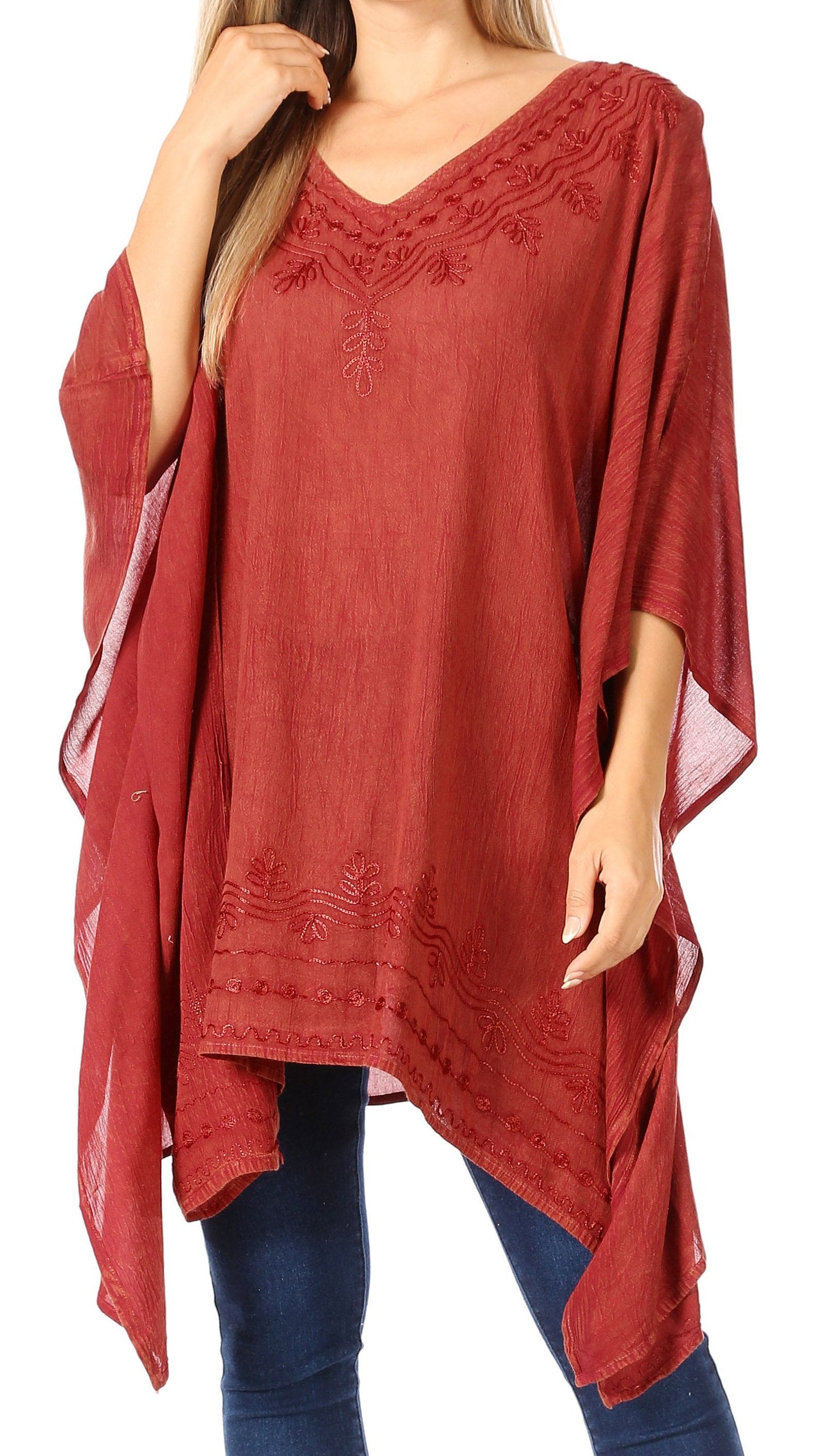 Sakkas Wren Lightweight Circle Poncho Top Blouse With Detailed Embroidery - Concordia Style Boutique