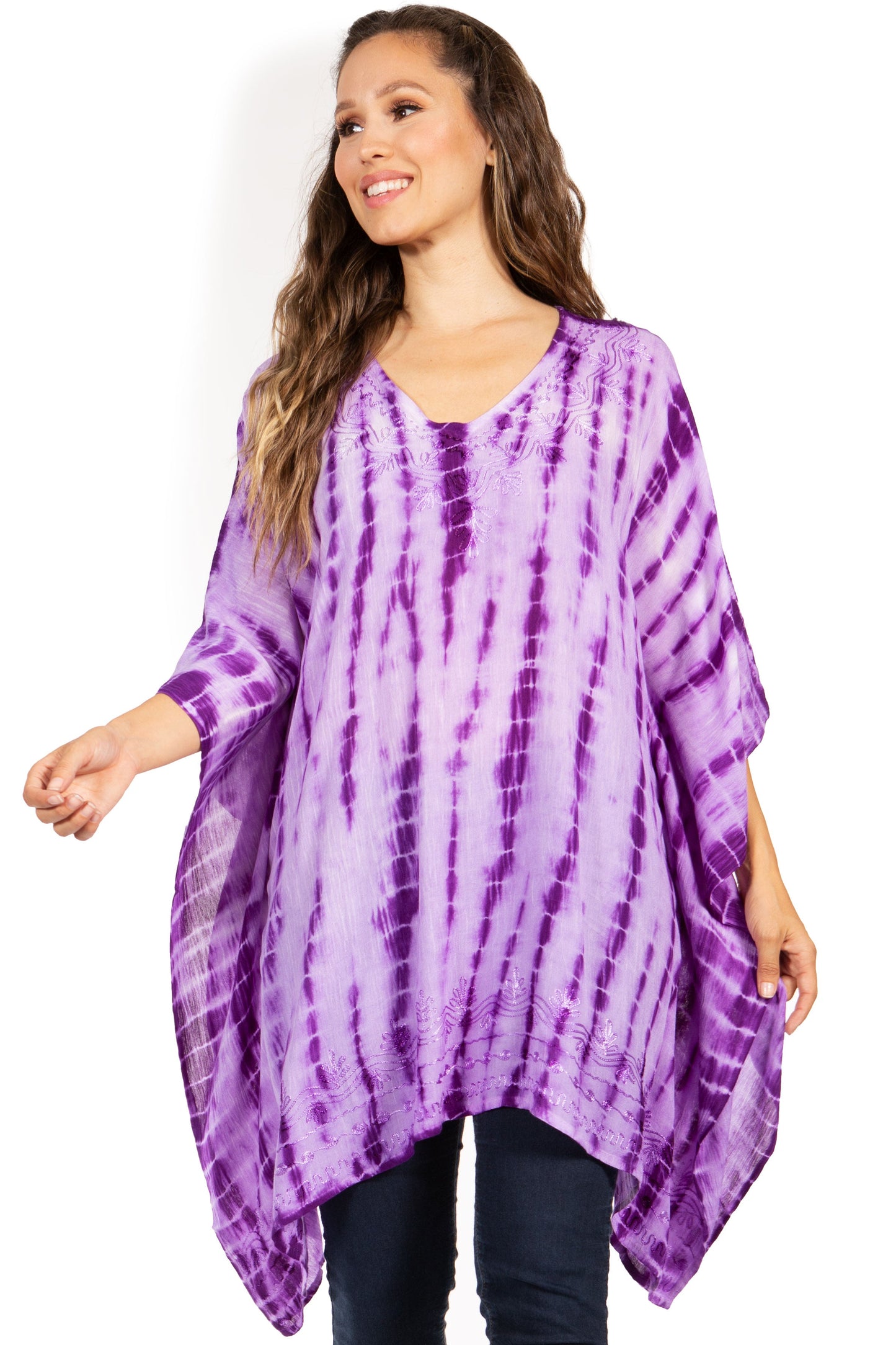 Sakkas Wren Lightweight Circle Poncho Top Blouse With Detailed Embroidery - Concordia Style Boutique