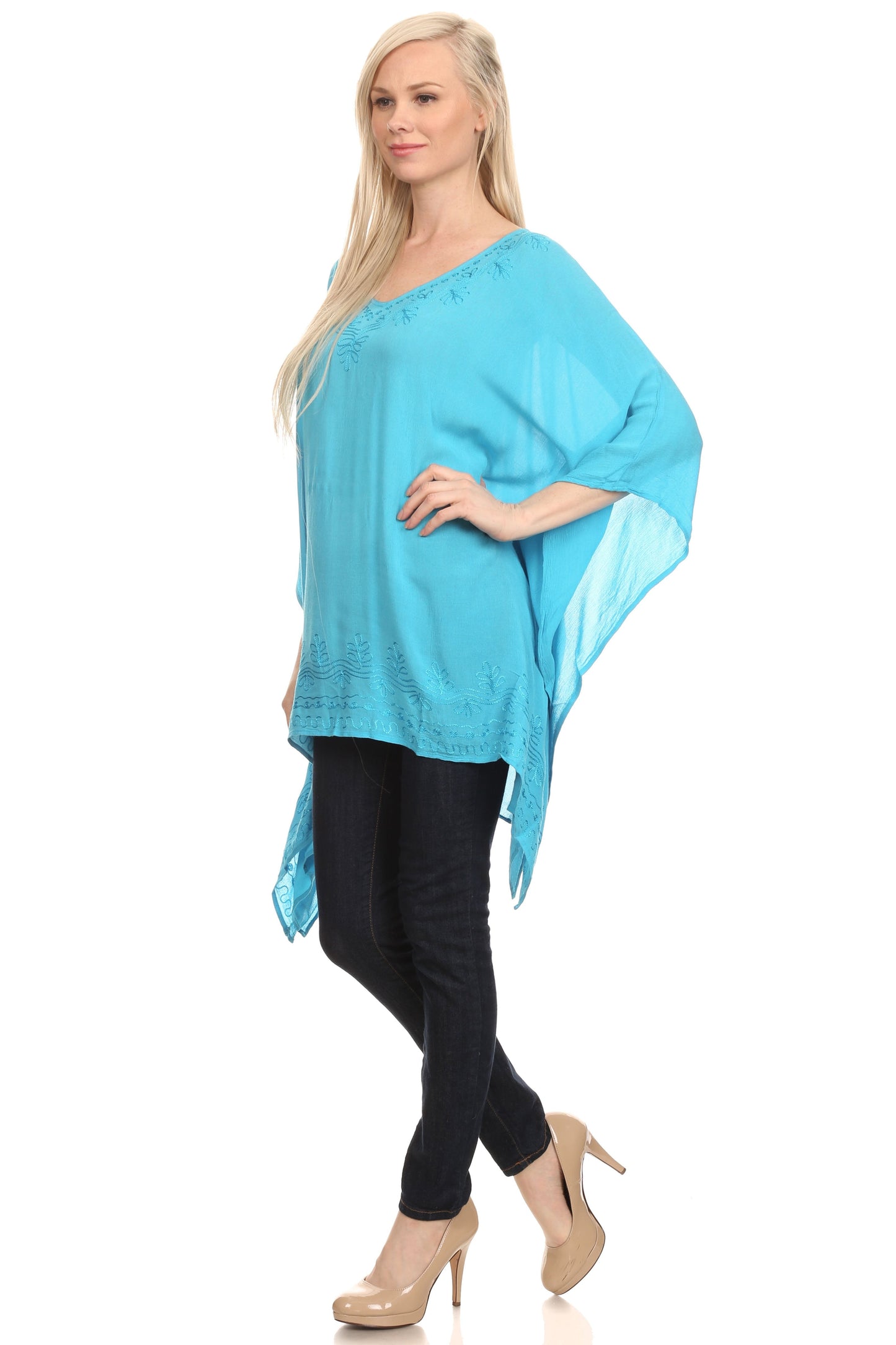 Sakkas Wren Lightweight Circle Poncho Top Blouse With Detailed Embroidery - Concordia Style Boutique