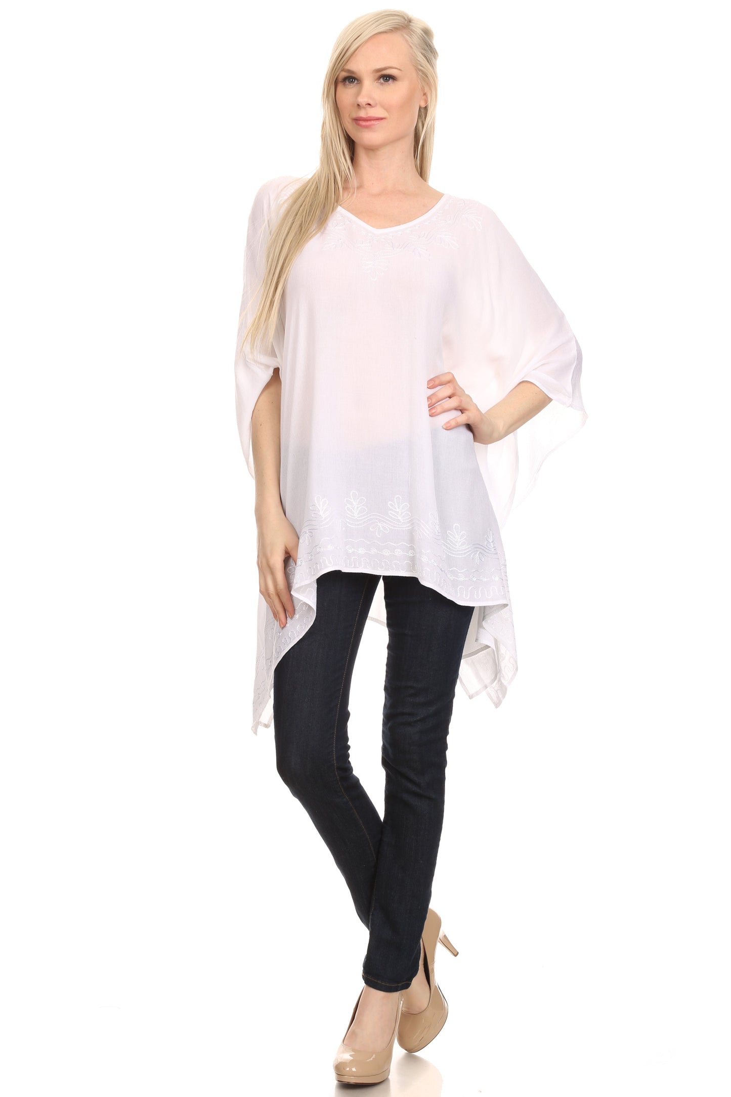 Sakkas Wren Lightweight Circle Poncho Top Blouse With Detailed Embroidery - Concordia Style Boutique