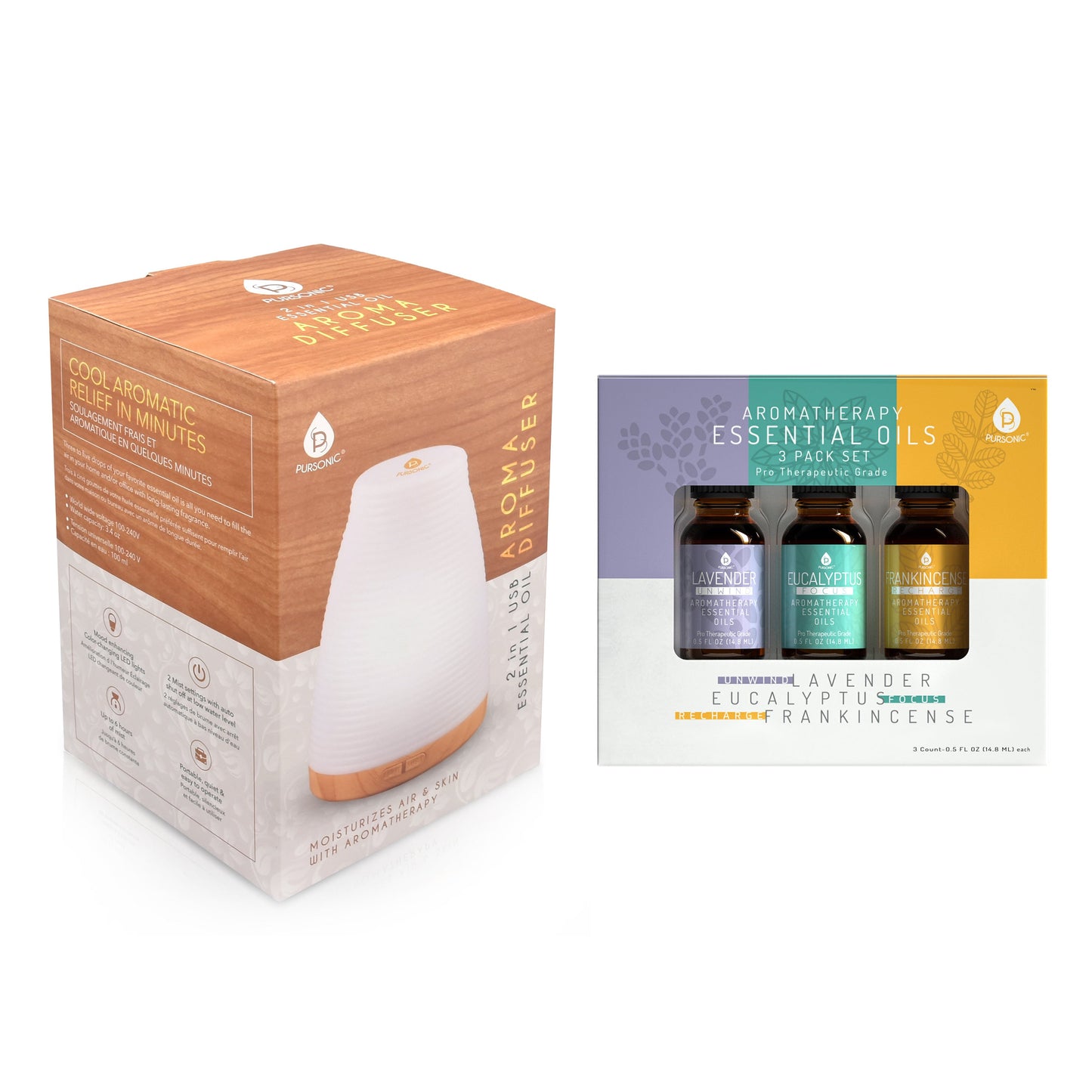 Pursonic Aromatherapy 2 in 1 USB Diffuser & Essential Oil Set-Ultrasonic Top 3 Oils-300ml with 2 Mist Settings 7 Ambient Light Settings - Concordia Style Boutique