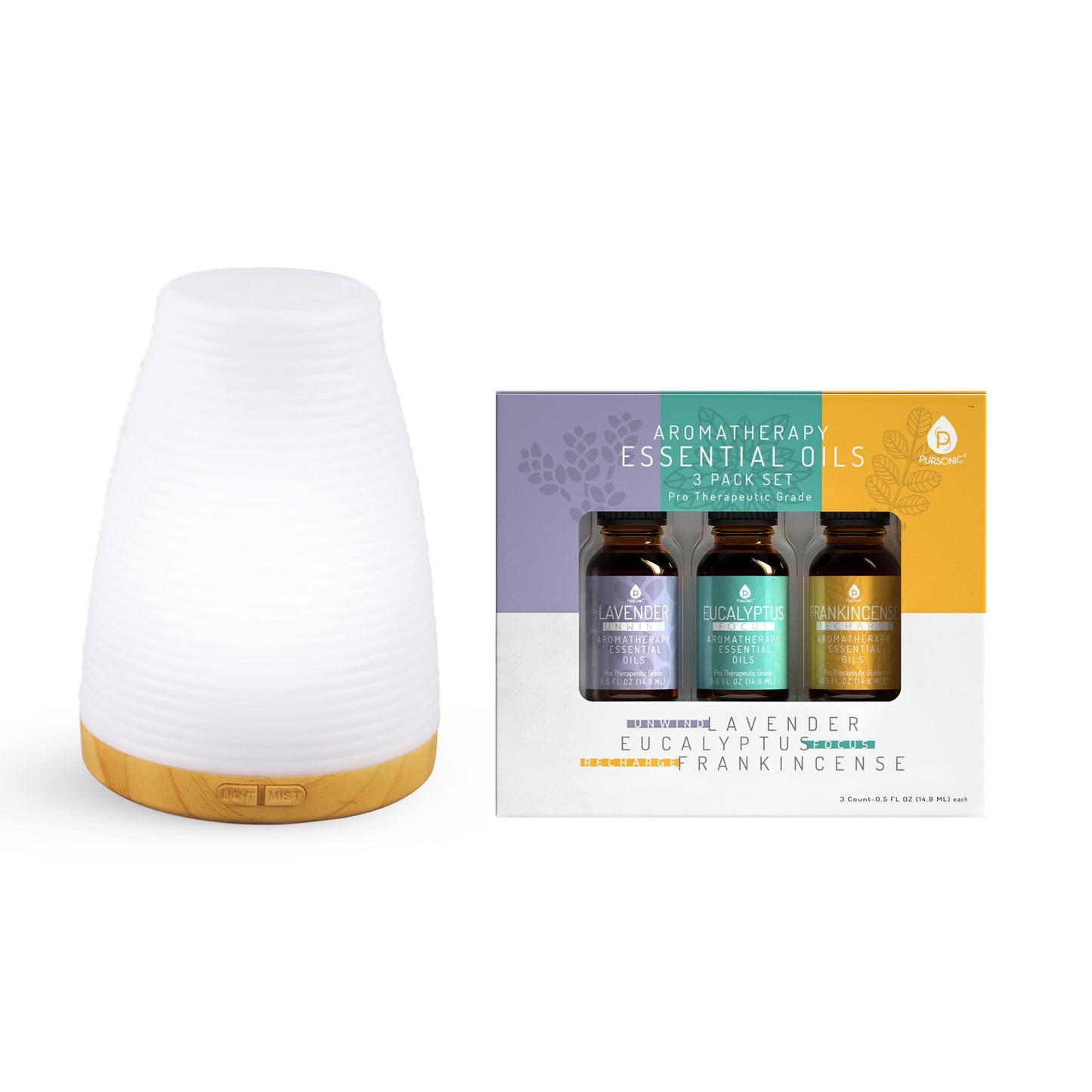 Pursonic Aromatherapy 2 in 1 USB Diffuser & Essential Oil Set-Ultrasonic Top 3 Oils-300ml with 2 Mist Settings 7 Ambient Light Settings - Concordia Style Boutique