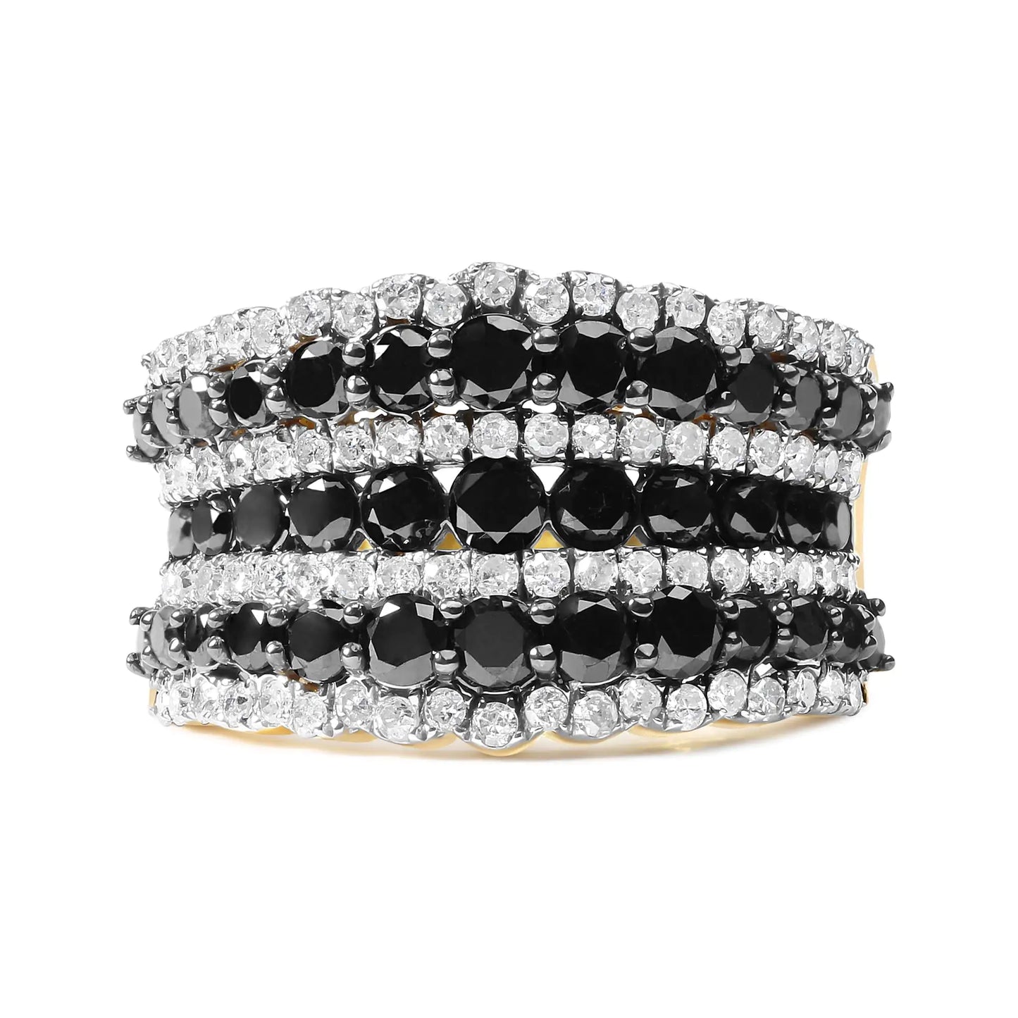 *2 Left* 14K Yellow Gold Plated .925 Sterling Silver 1 3/4 Cttw Treated Black and White Alternating Diamond Multi Row Band Ring (Black / I-J Color, I2-I3 Clarity) - Concordia Style Boutique