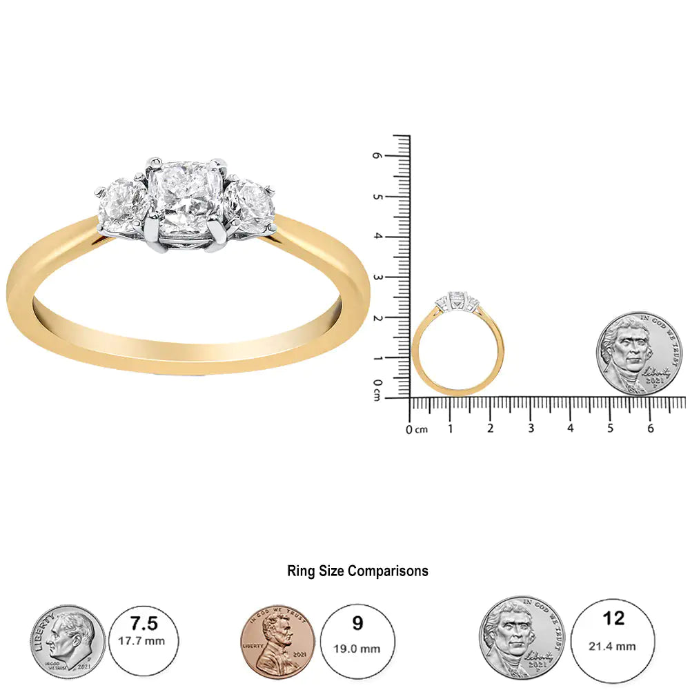 *SOLD OUT* 14K Yellow Gold 3/4 Cttw Cushion and Round-Cut Diamond Bostonian Style 3 Stone Engagement Ring (I-J Color, SI2-I1 Clarity) - Concordia Style Boutique