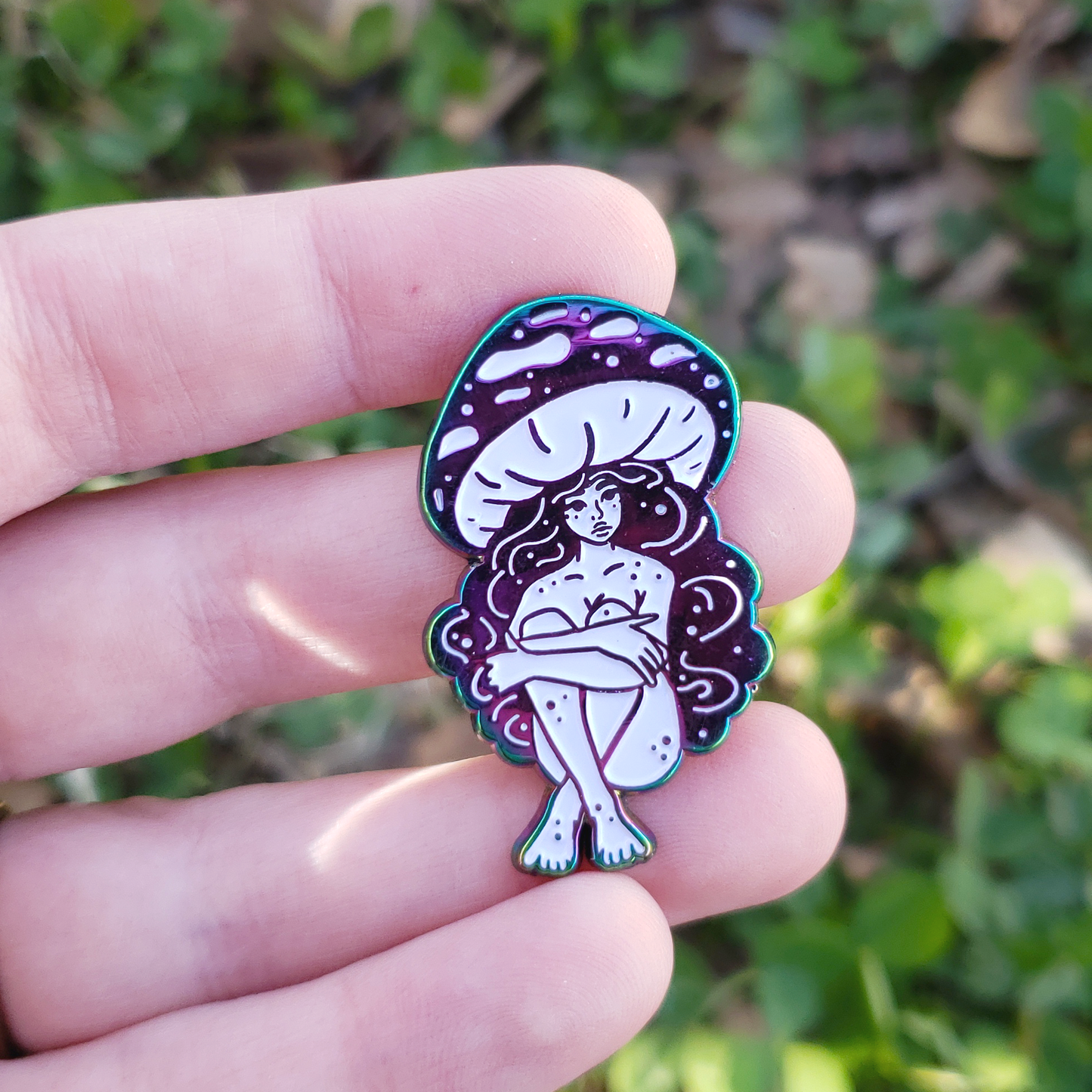 Violet Webcap Mushroom Girl - Rainbow Metal Soft Enamel Pin - Concordia Style Boutique