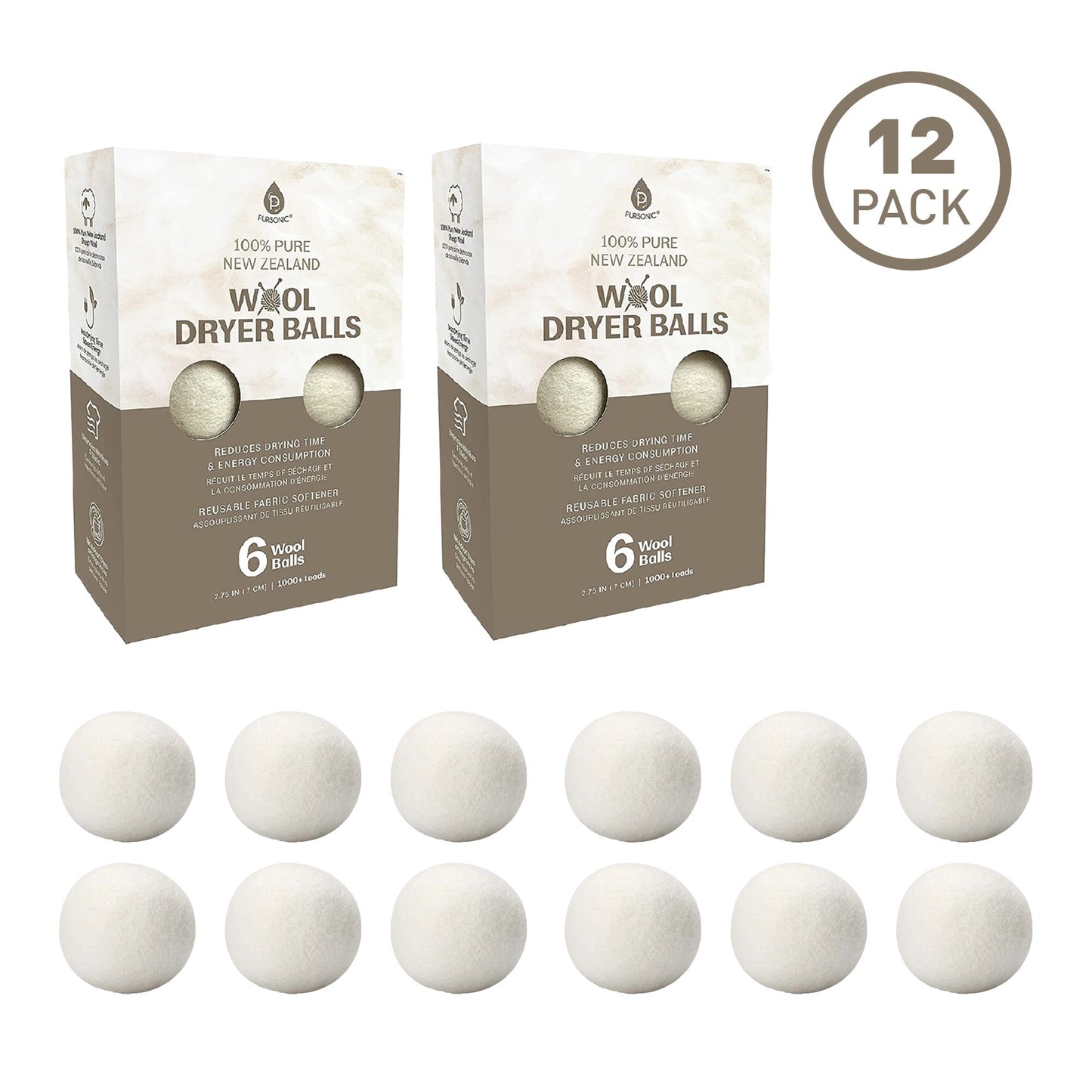Pursonic 100% Pure New Zealand Wool Dryer Balls - 12 Pack - Concordia Style Boutique