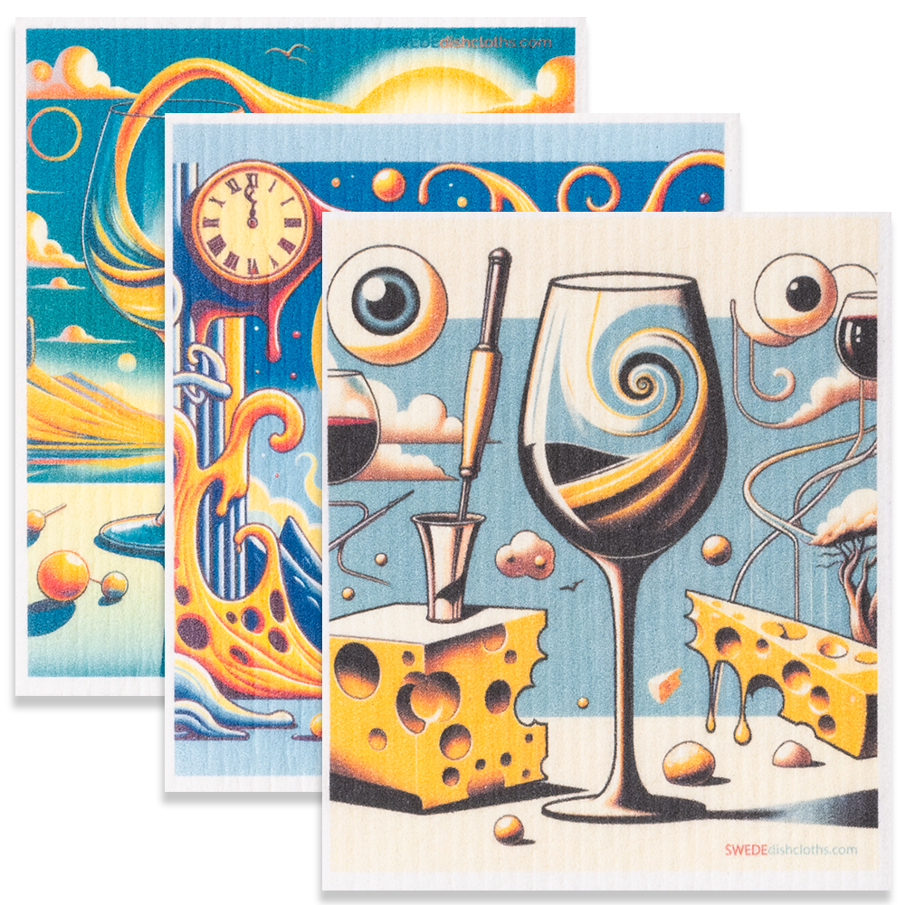 Eco-Friendly Swedish Dishcloths - Mixed Surreal Wine Set of 3 (Paper Towel Replacements, One of Each Design) - Concordia Style Boutique
