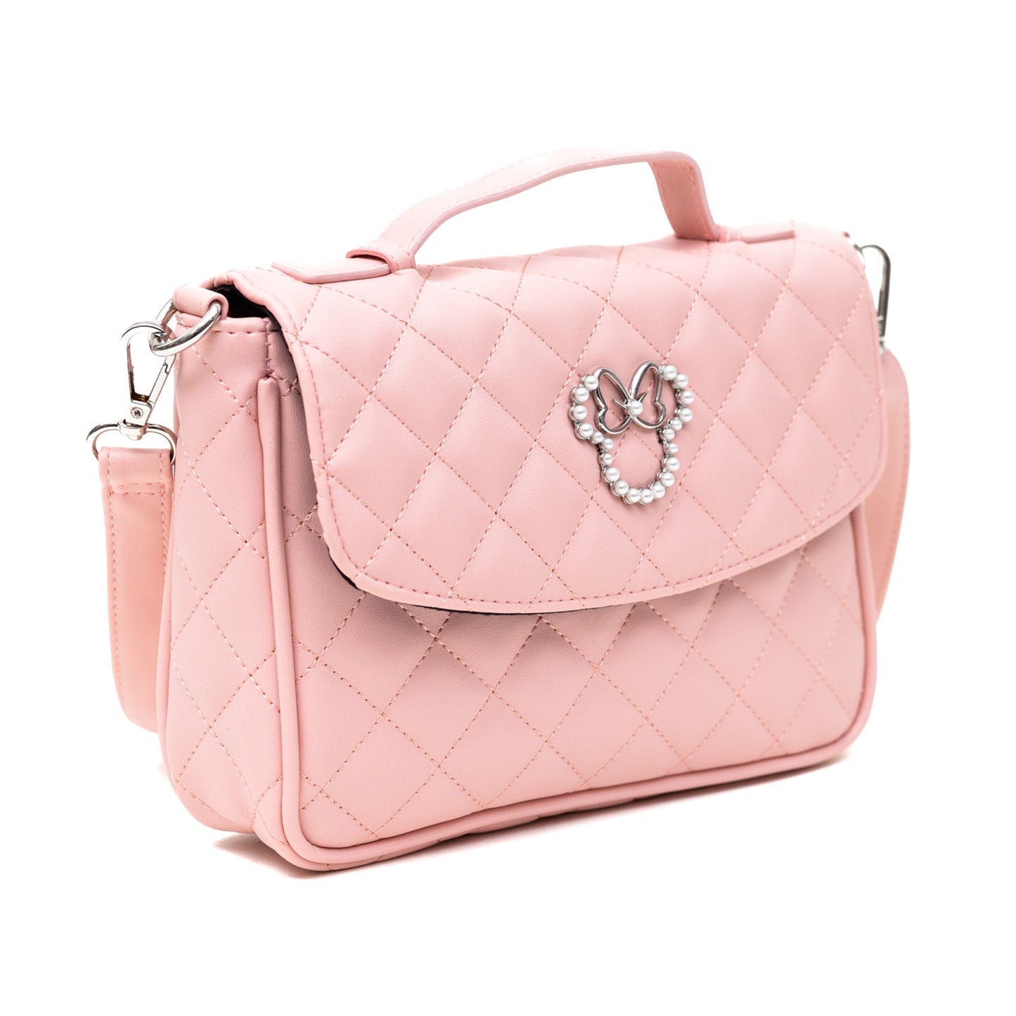 Disney Vegan Leather Fold Over Cross Body Bag for Women, Minnie Mouse Ears and Bow Icon with Mini Faux Pearls, Pink - Concordia Style Boutique