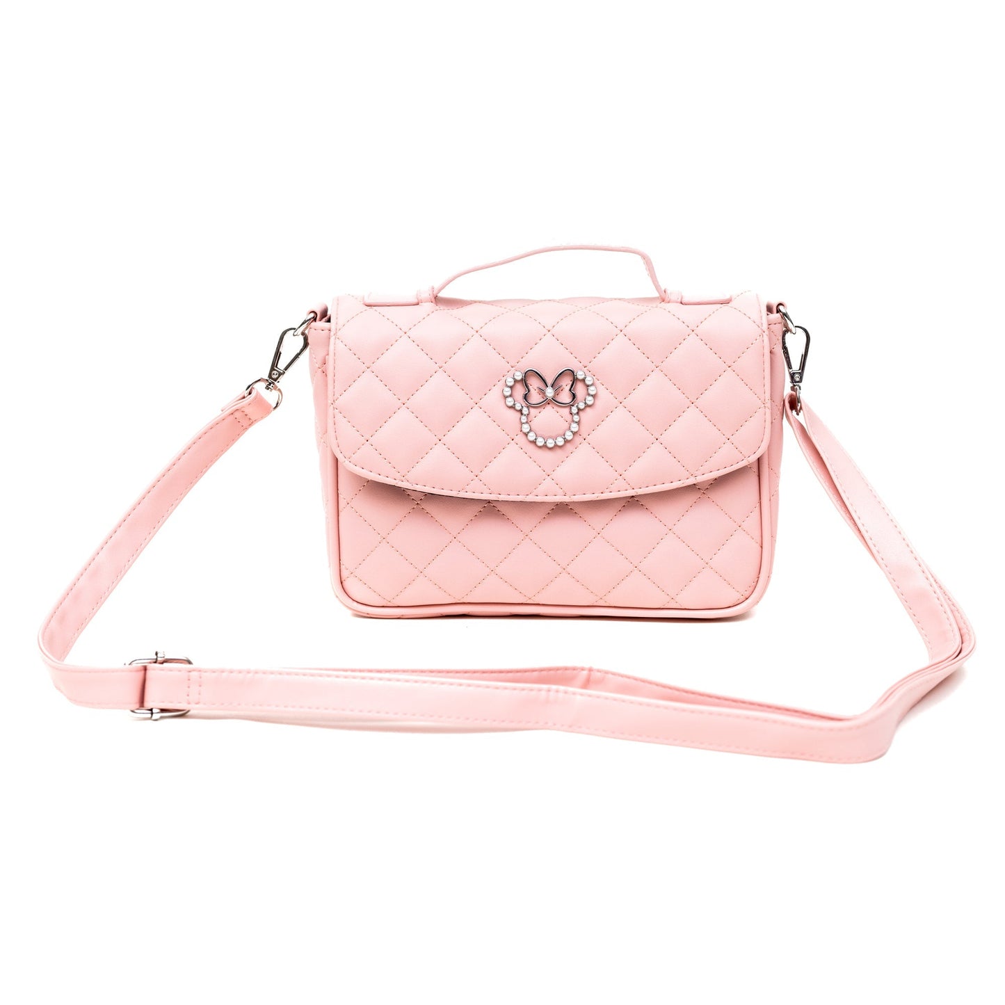 Disney Vegan Leather Fold Over Cross Body Bag for Women, Minnie Mouse Ears and Bow Icon with Mini Faux Pearls, Pink - Concordia Style Boutique