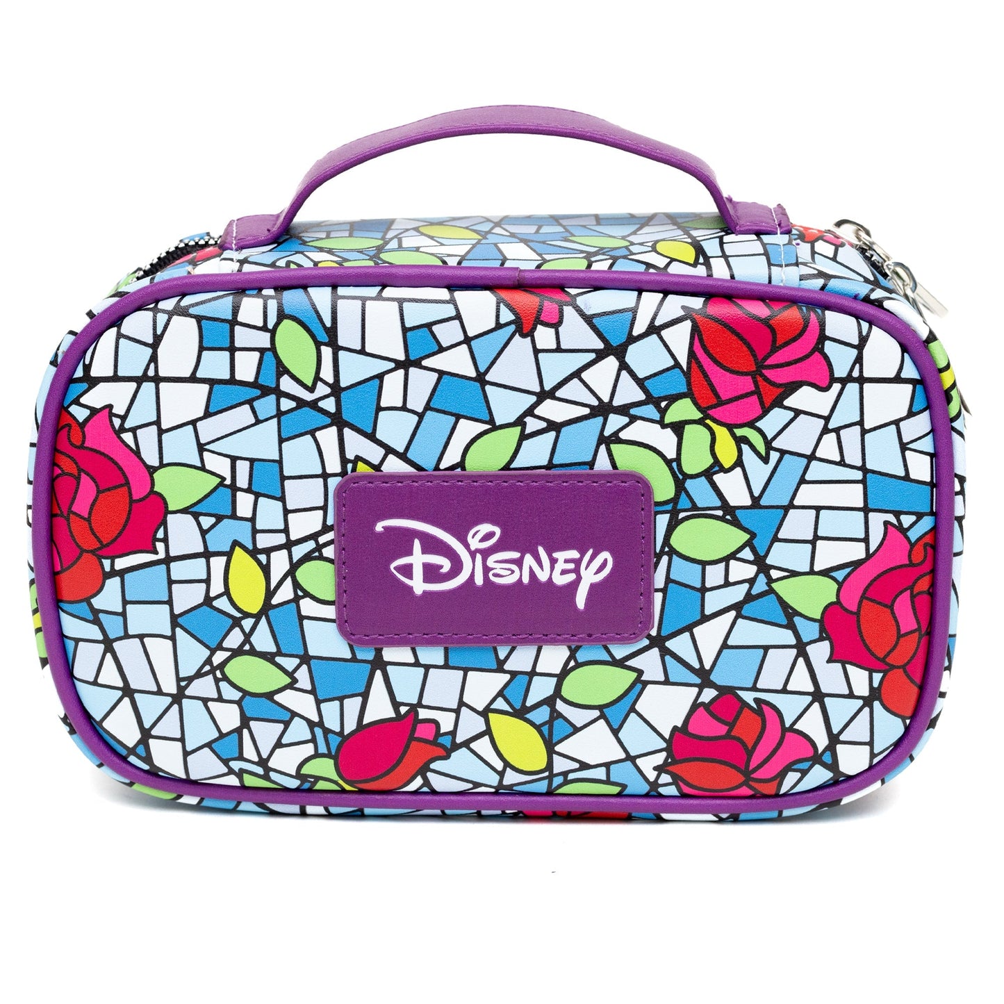 Disney Vegan Leather Travel Cosmetic Bag, Make-Up Bag for Women, Beauty and the Beast Villain Beast Enchanted Rose Pose Applique with Stained Glass Print Blues - Concordia Style Boutique