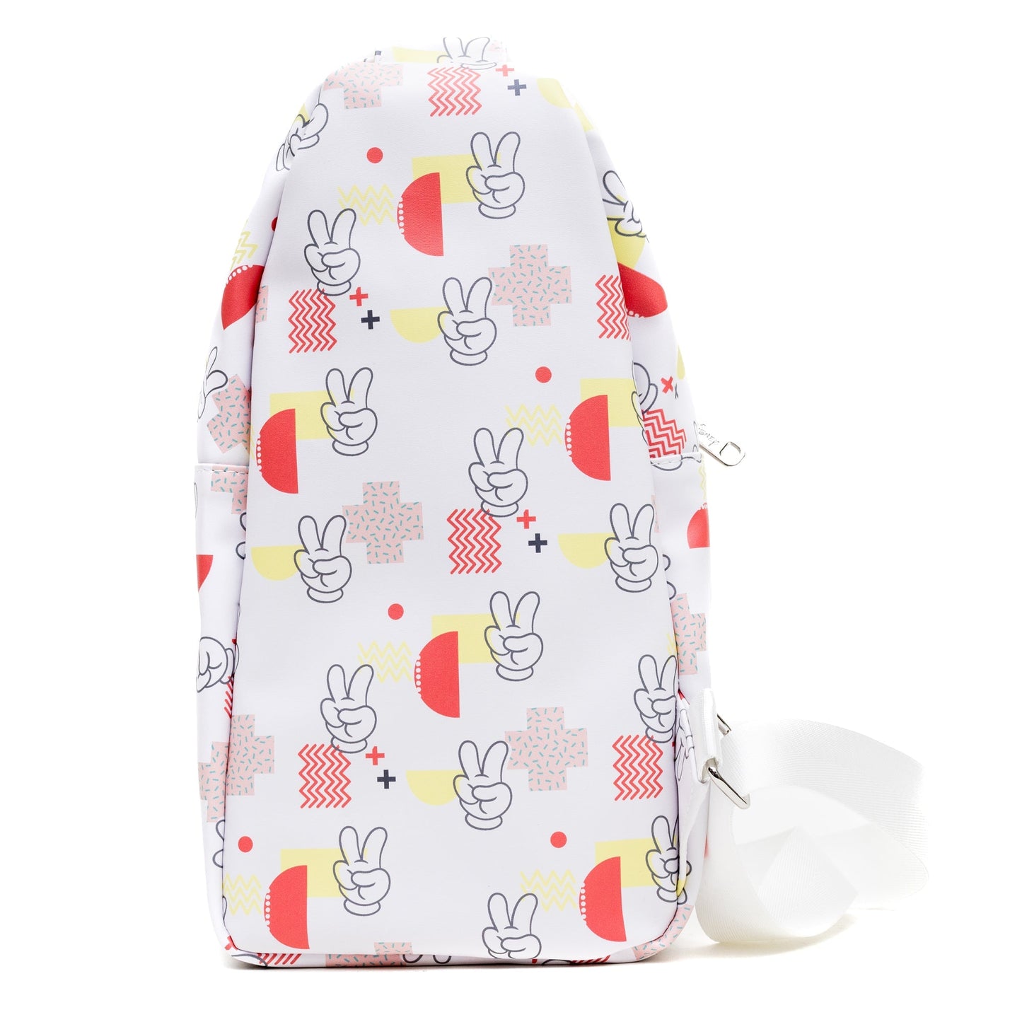 Disney Vegan Leather Crossbody Sling Bag, Mickey Mouse Peace Fingers Applique and Icons Collage, White, 7" x 14" - Premium Crossbody Bags from Fashion Flare Boutique - Just $40.95! Shop now at Concordia Style Boutique