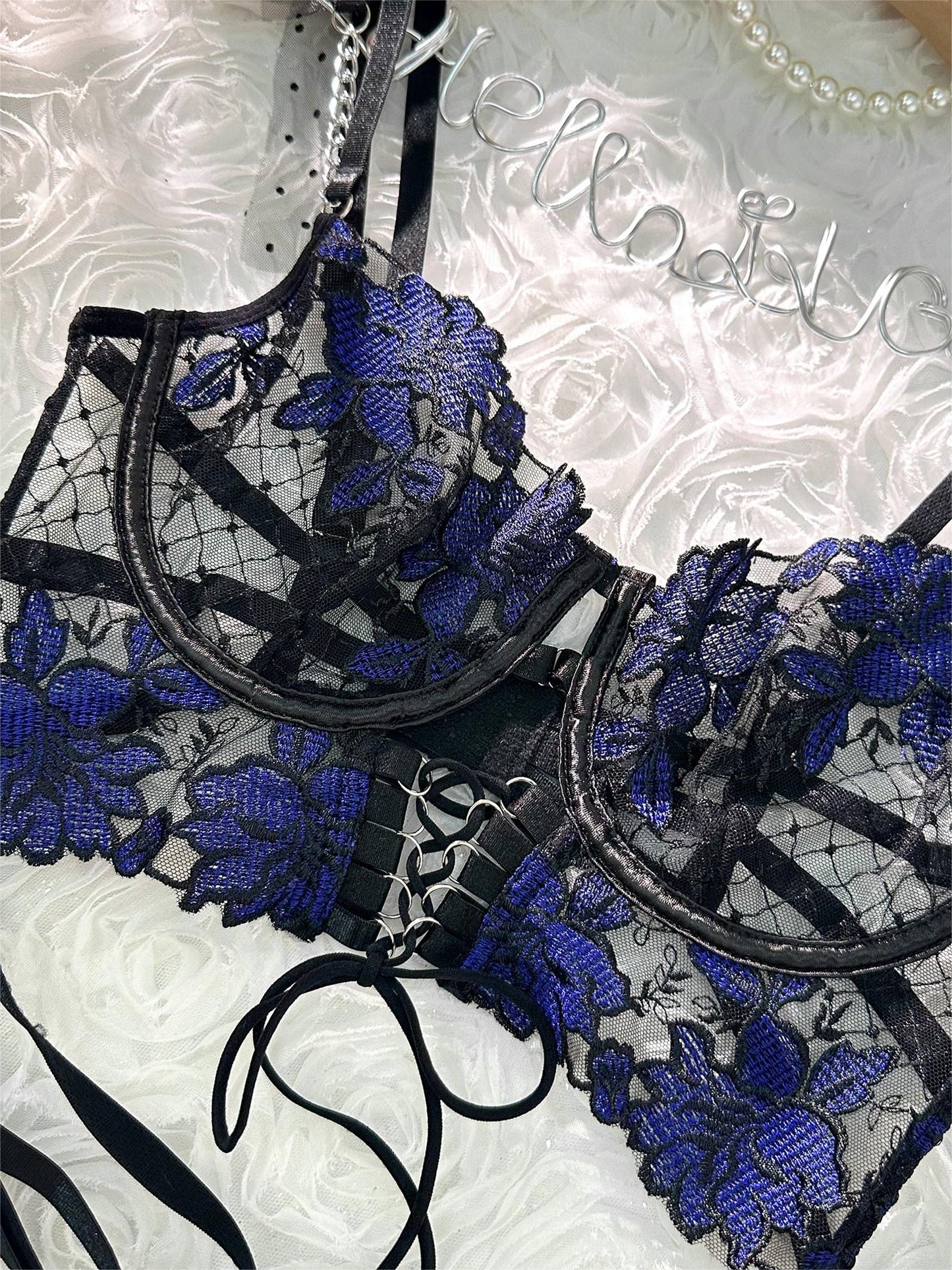 Black&Blue Lace Tie Adjustable Sculpting Body Lingerie Set - Concordia Style Boutique