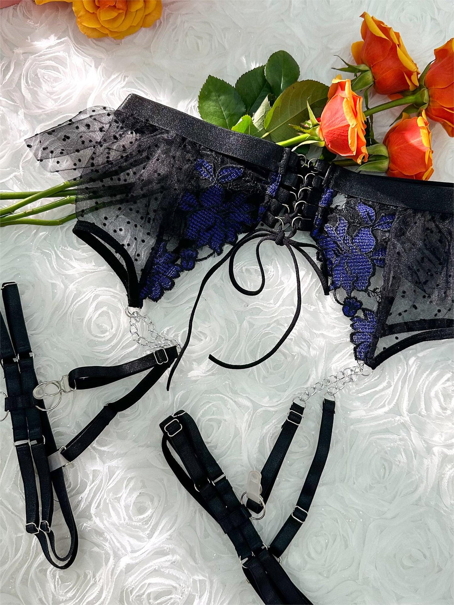 Black&Blue Lace Tie Adjustable Sculpting Body Lingerie Set - Concordia Style Boutique