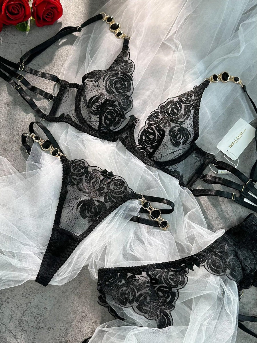 Black Embroidered Sexy Push Up Lingerie Set - Concordia Style Boutique