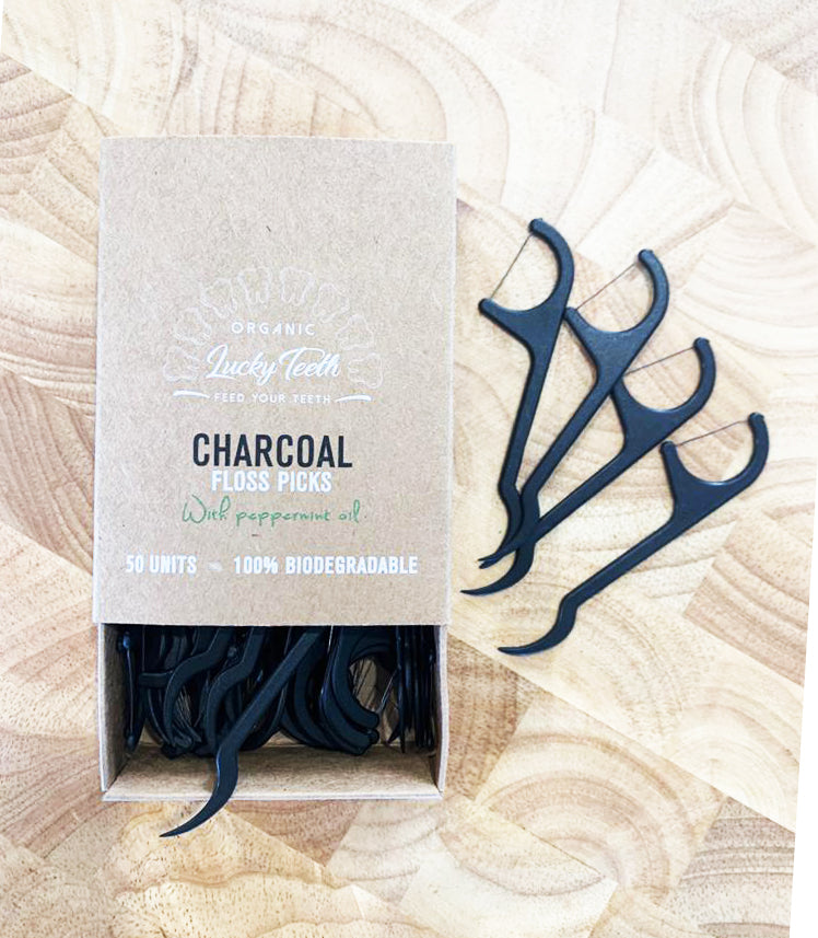 Organic Charcoal Floss Picks - IMPROVED - Biodegradable Floss Picks 50 Units