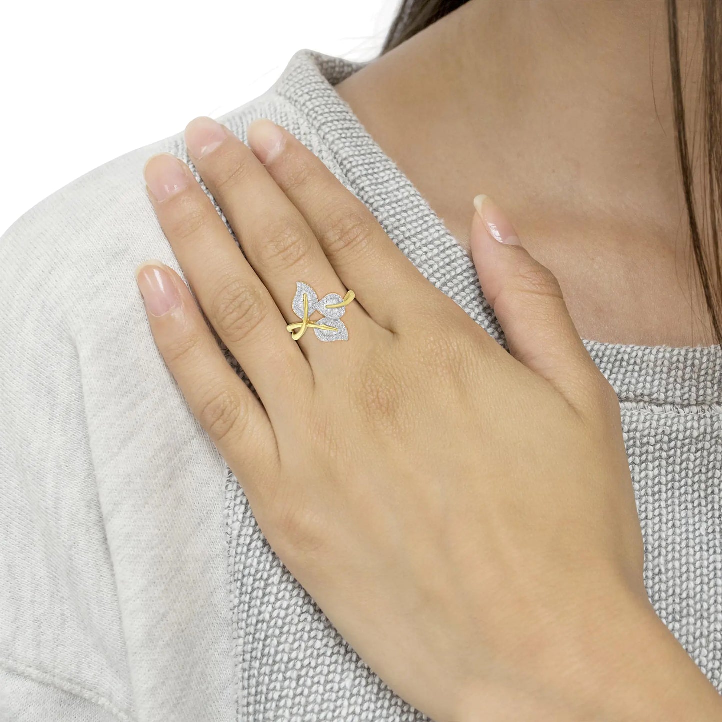 *5 Left* 10k Yellow and White Gold 1/2 Cttw Baguette and Round Diamond Bypass Triple Leaf Ring (I-J Color, I1-I2 Clarity) - Concordia Style Boutique