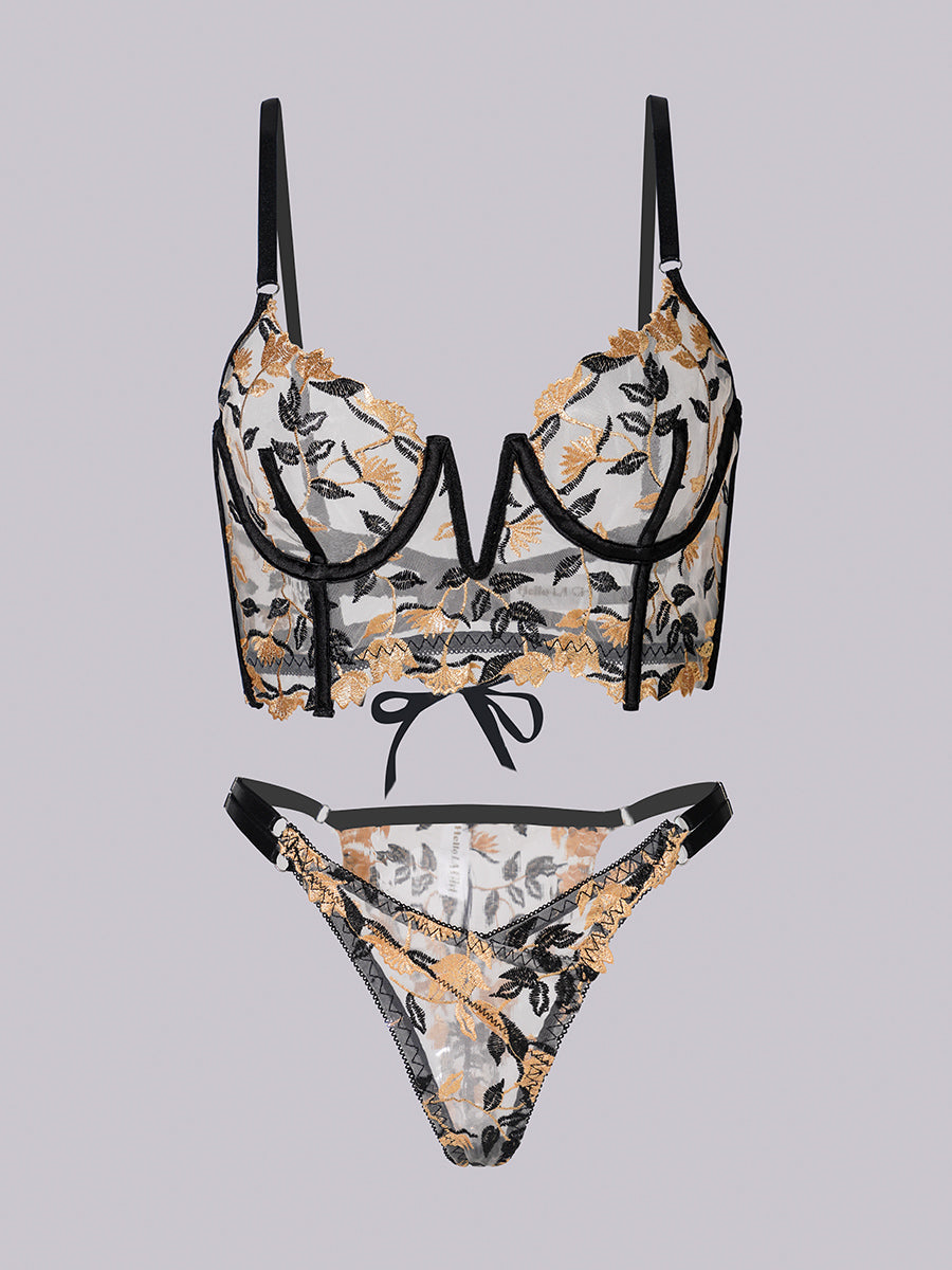 Black Embroidered Corset & Panty Lingerie Set - Concordia Style Boutique