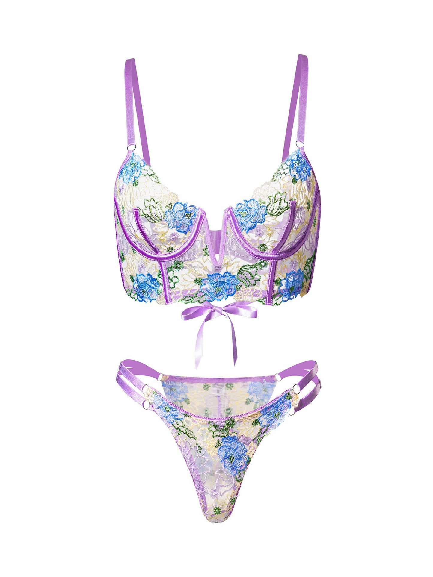 Purple Florals Embroidery Bustier Lingerie Set - Premium 2 pcs set from Hello.LA.Girl - Just $54.99! Shop now at Concordia Style Boutique