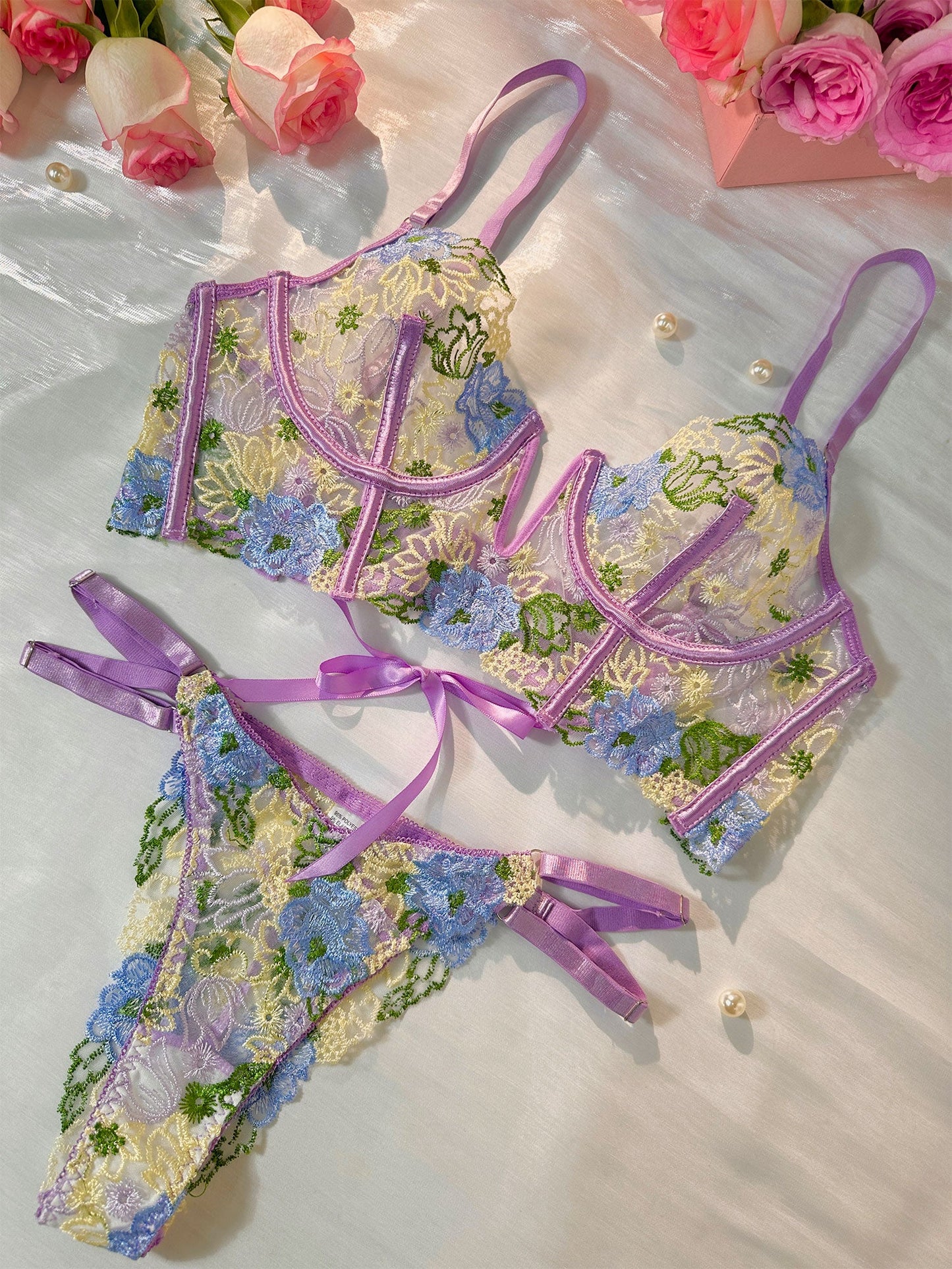Purple Florals Embroidery Bustier Lingerie Set - Premium 2 pcs set from Hello.LA.Girl - Just $54.99! Shop now at Concordia Style Boutique