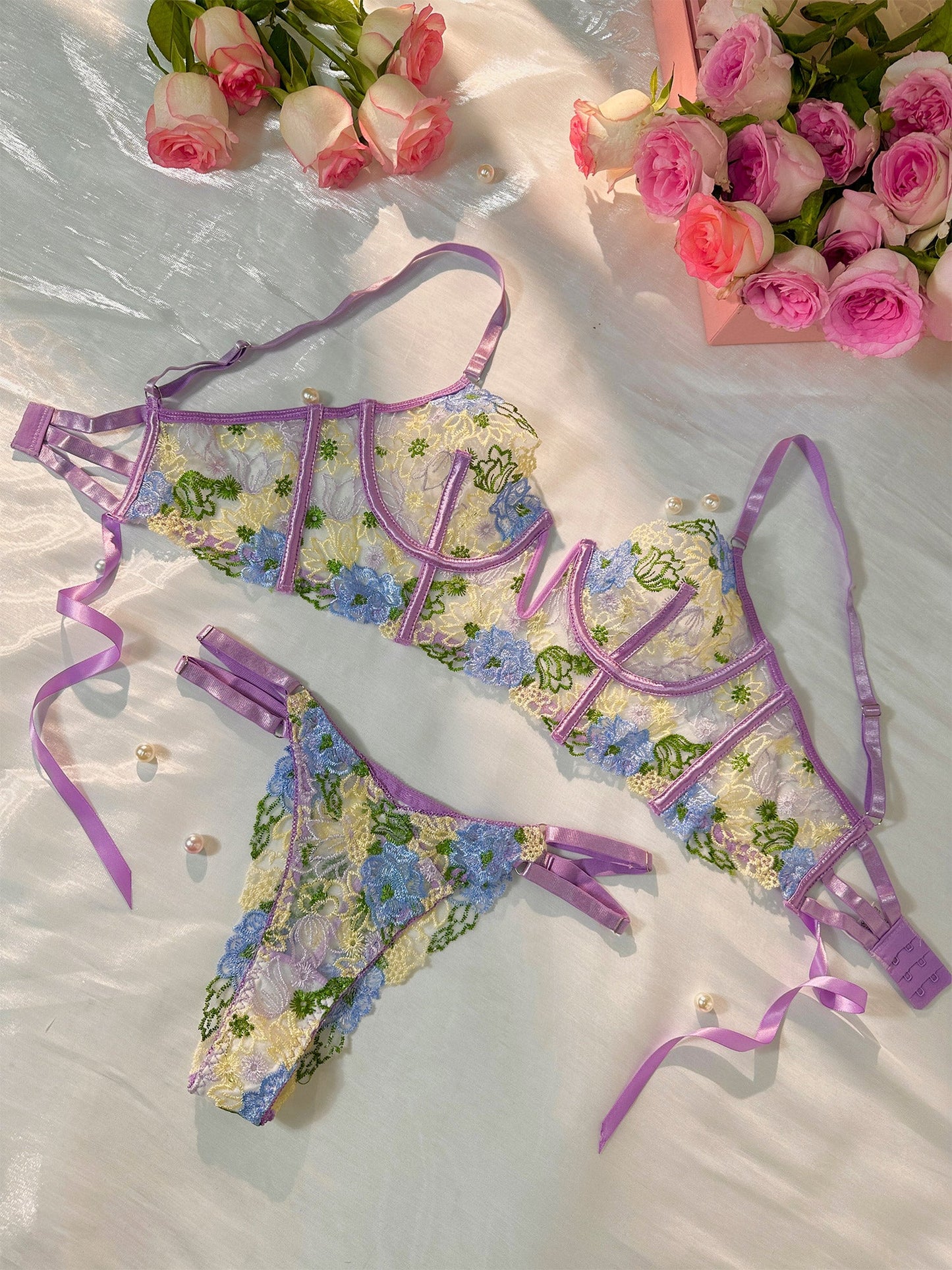 Purple Florals Embroidery Bustier Lingerie Set - Premium 2 pcs set from Hello.LA.Girl - Just $54.99! Shop now at Concordia Style Boutique