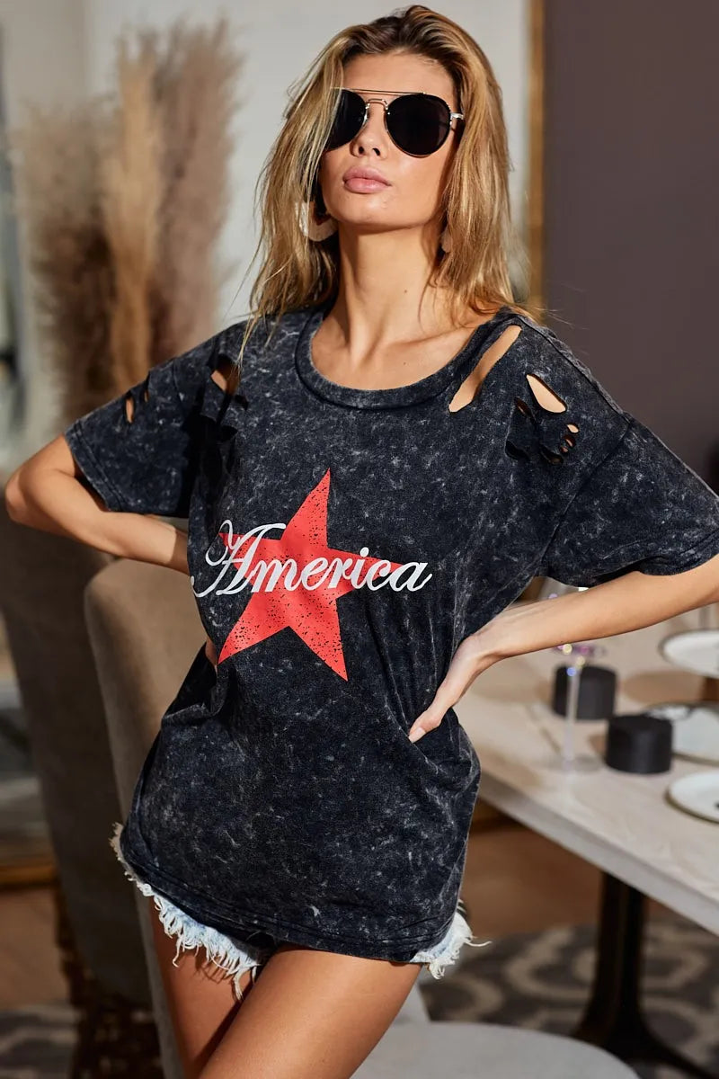 BiBi Laser Cut Mineral Washed Jersey Top with America in Black