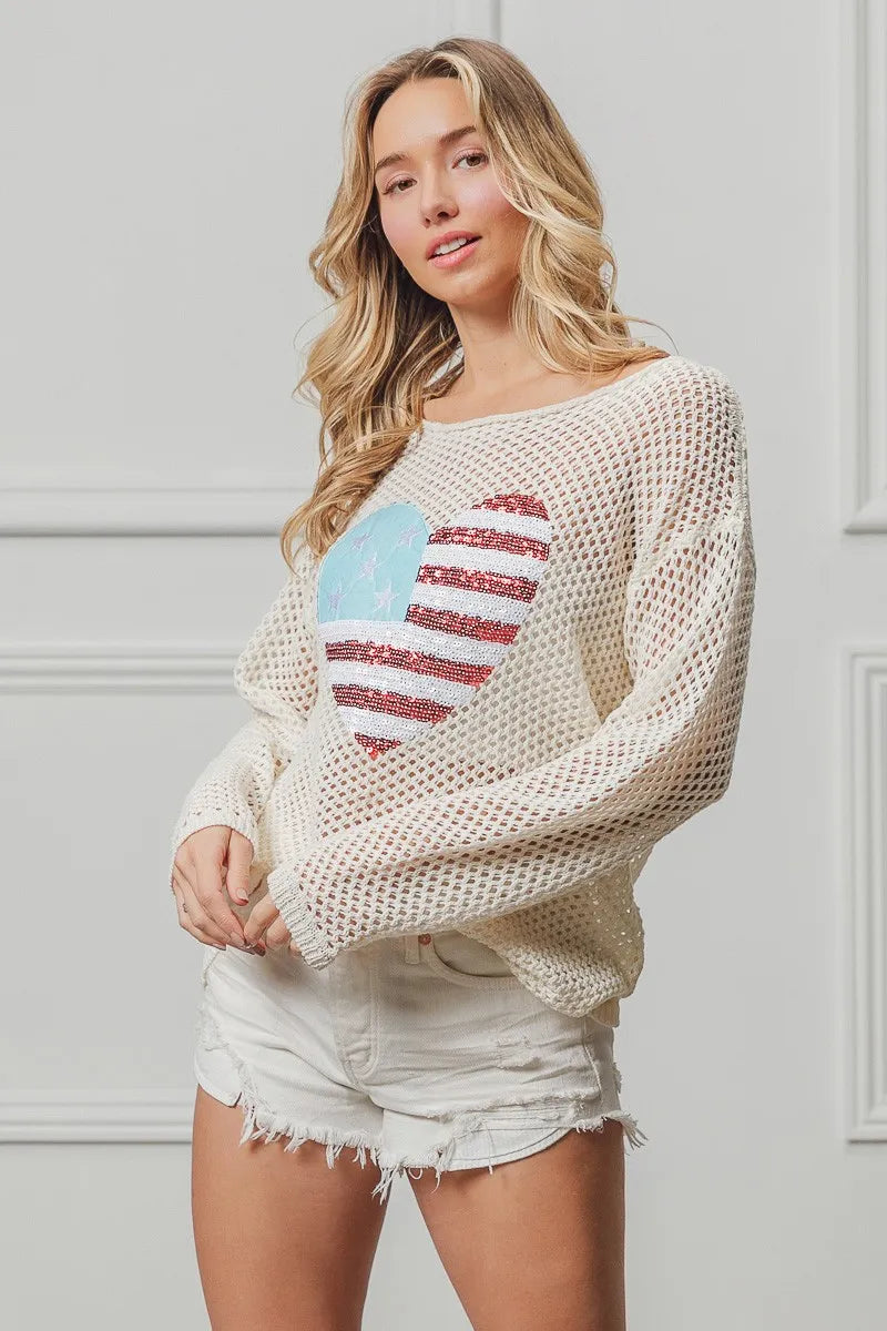 BiBi Sequin American Flag Heart Knit Cover Up