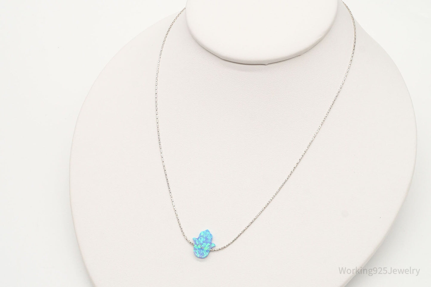 Vintage Blue Opal Hamsa Hand Sterling Silver Necklace