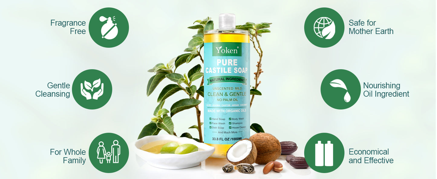Yoken EWG Verified Castile Soap Liquid Unscented 33.8 fl oz Pure Castile Liquid Soap Made With Organic Oil, Clean & Gentle, Natural Castor Oil Soap for Body Wash, Hand, Dishes, Laundry, No Fragrance - Concordia Style Boutique