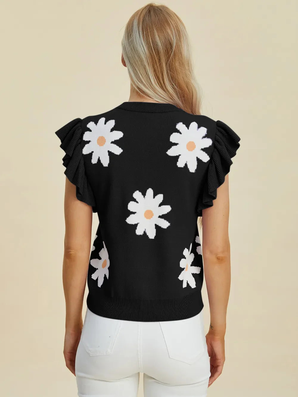 Double Take Full Size Ruffled Flower Round Neck Cap Sleeve Sweater - Concordia Style Boutique