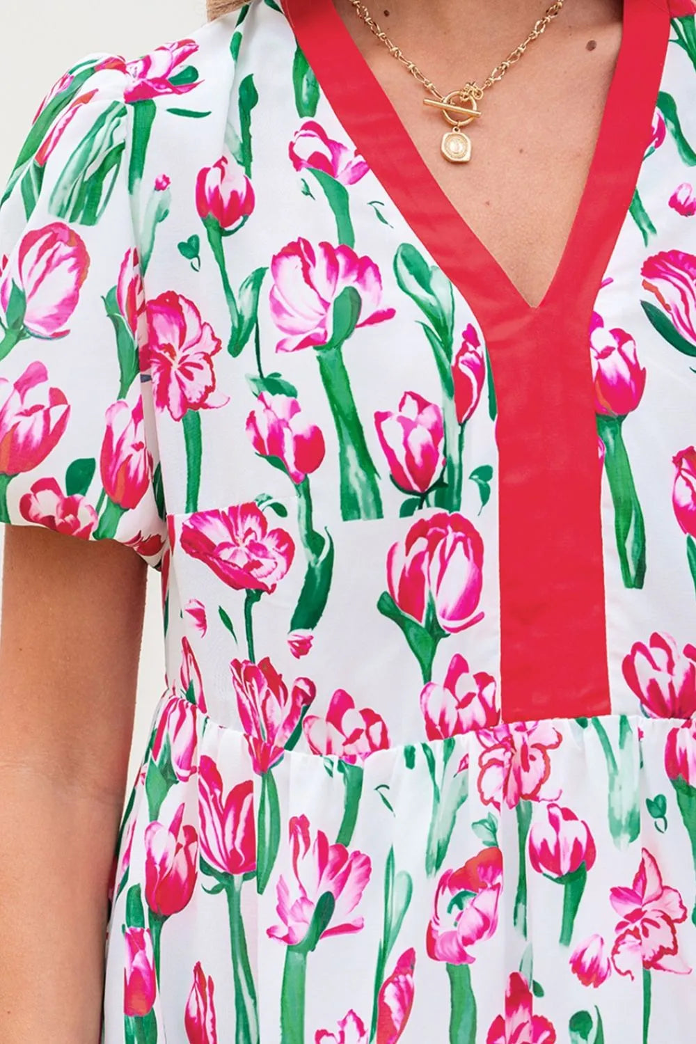 Floral Print Contrast Trim V Neck Bubble Short Sleeve Babydoll Dress - Concordia Style Boutique