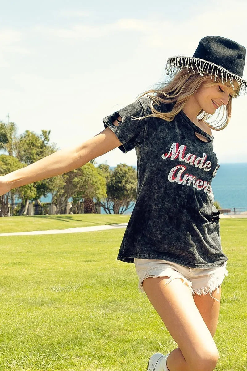 BiBi Laser Cut Mineral Washed America Print Top in Black