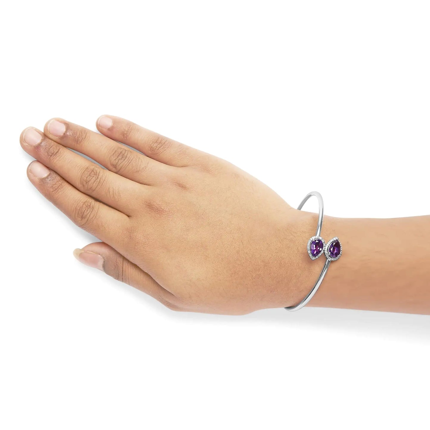 .925 Sterling Silver 8 x 5.5mm Pear Shape Amethyst and Diamond Accent Halo Bypass Bangle Bracelet (H-I Color, SI1-SI2 Clarity) - Fits up to 7" Inches