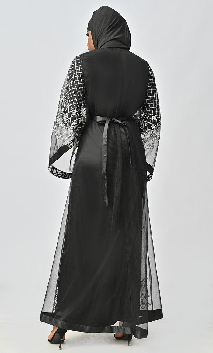 Black sequined Embellished shrug and satin Abaya Dress