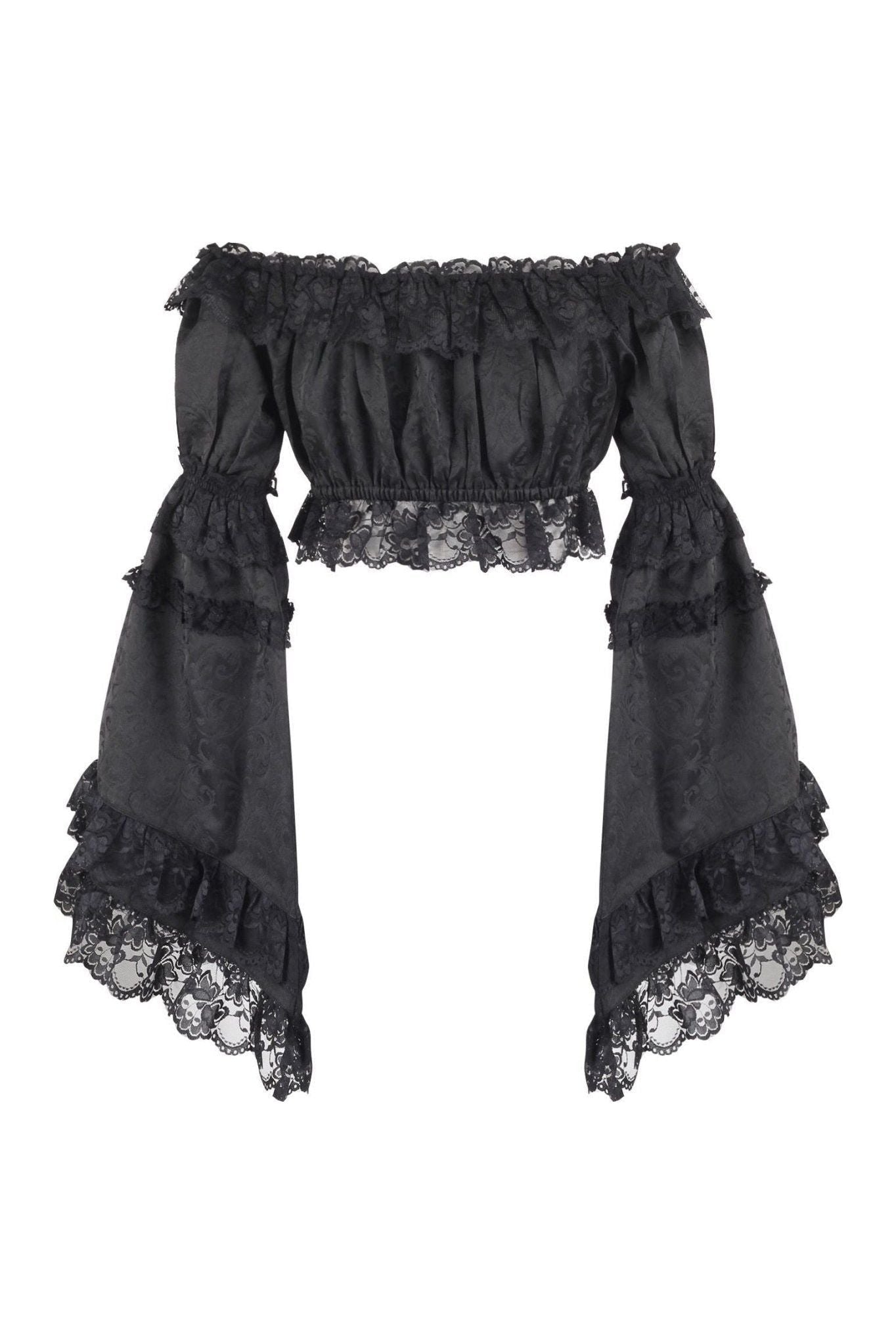 Black Brocade Smocked Flare Sleeve Peasant Top