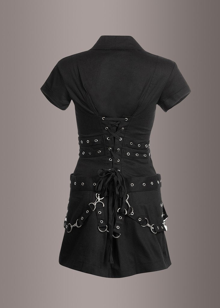 Macabre Heartdrop Goth Mini Dress with Buckles and Lacing - Concordia Style Boutique