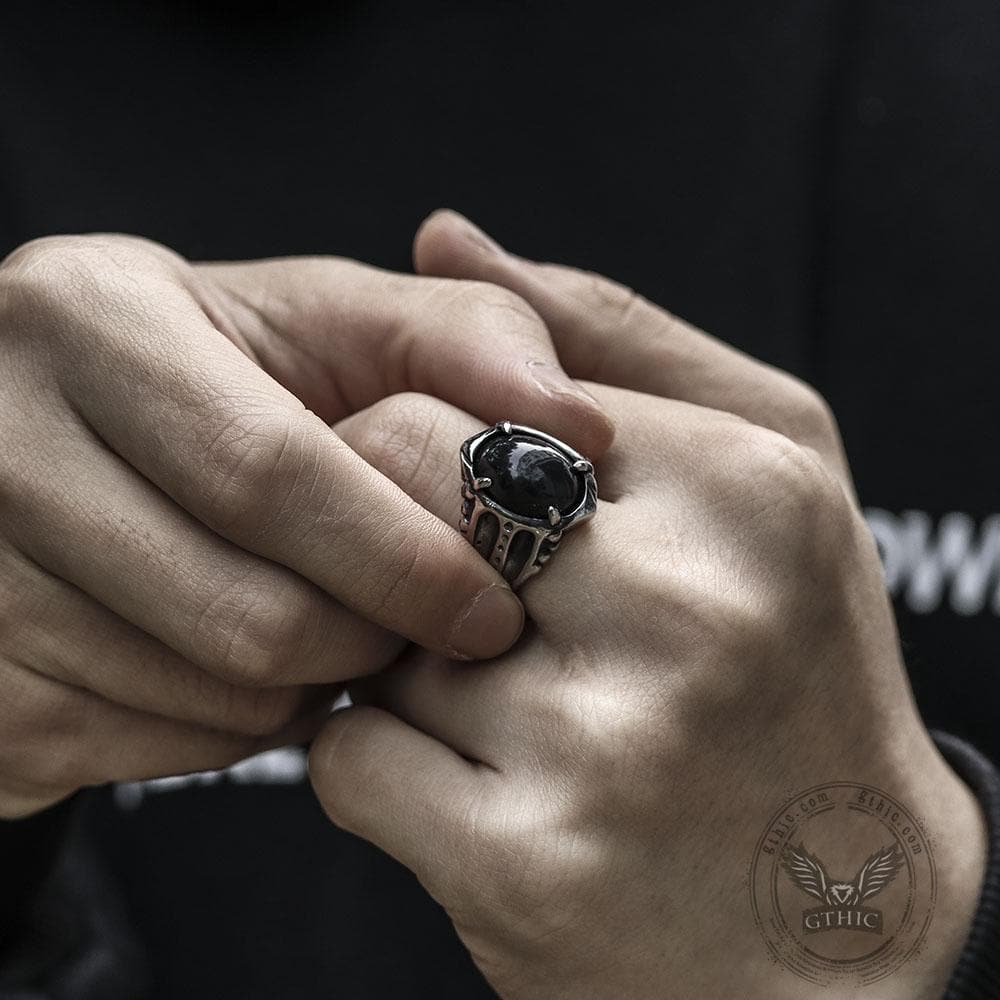 Black Agate Stainless Steel Punk Gothic Ring