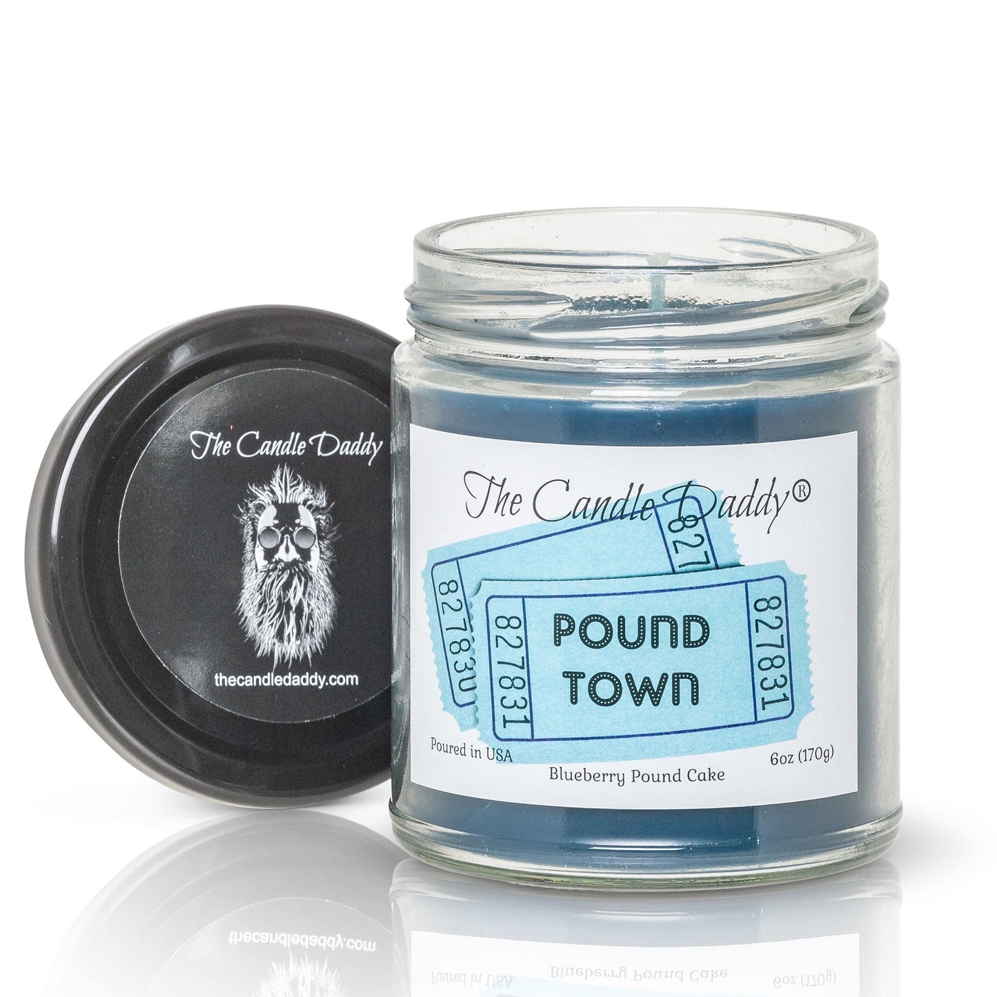 POUND TOWN - BLUEBERRY POUND CAKE SCENTED - FUNNY 6 OZ JAR CANDLE- 40 HOUR BURN TIME