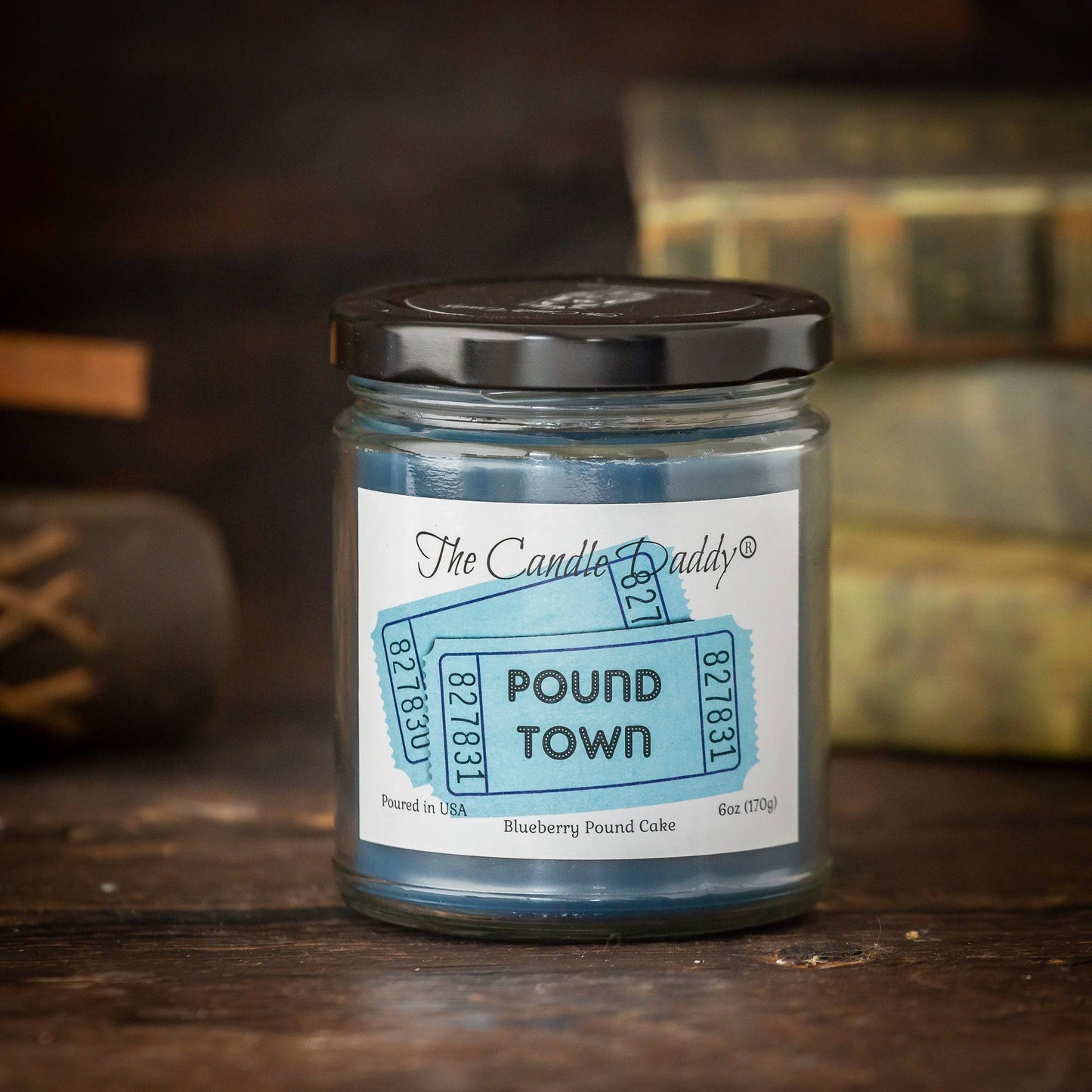 POUND TOWN - BLUEBERRY POUND CAKE SCENTED - FUNNY 6 OZ JAR CANDLE- 40 HOUR BURN TIME